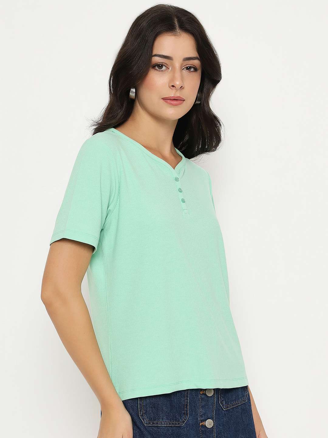 Madame Henley Neck Solid Green T-Shirt - Image 4