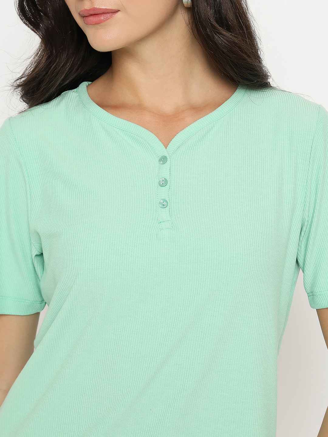 Madame Henley Neck Solid Green T-Shirt - Image 7