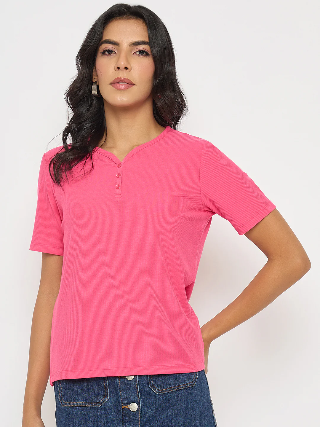 Madame Henley Neck Solid Hot Pink T-Shirt - Image 3