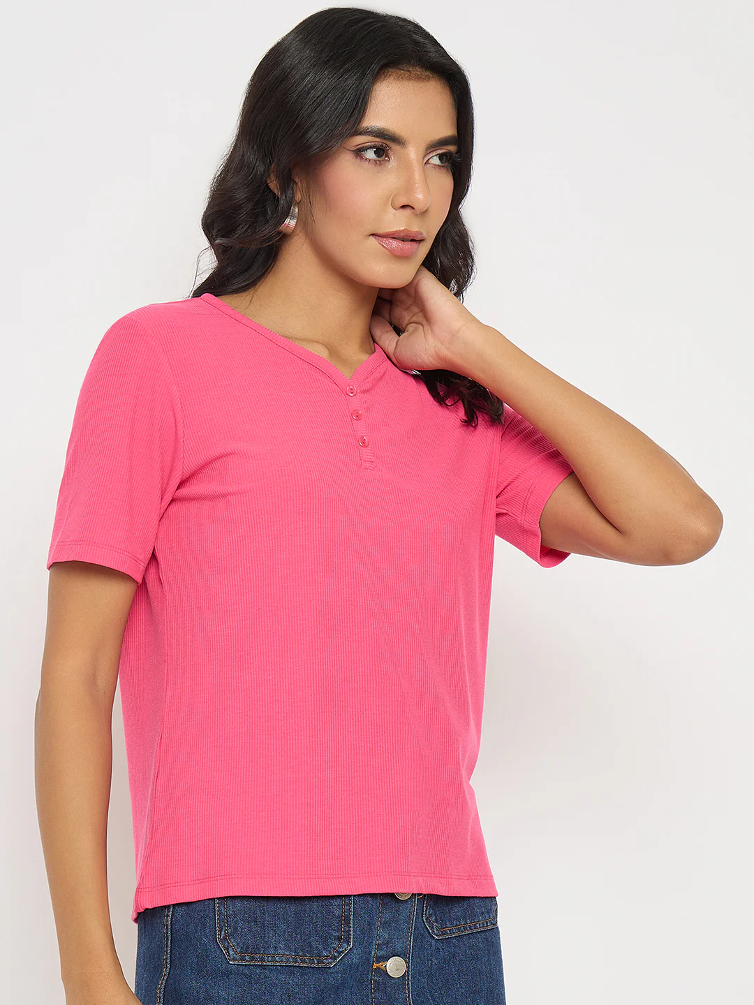 Madame Henley Neck Solid Hot Pink T-Shirt - Image 4