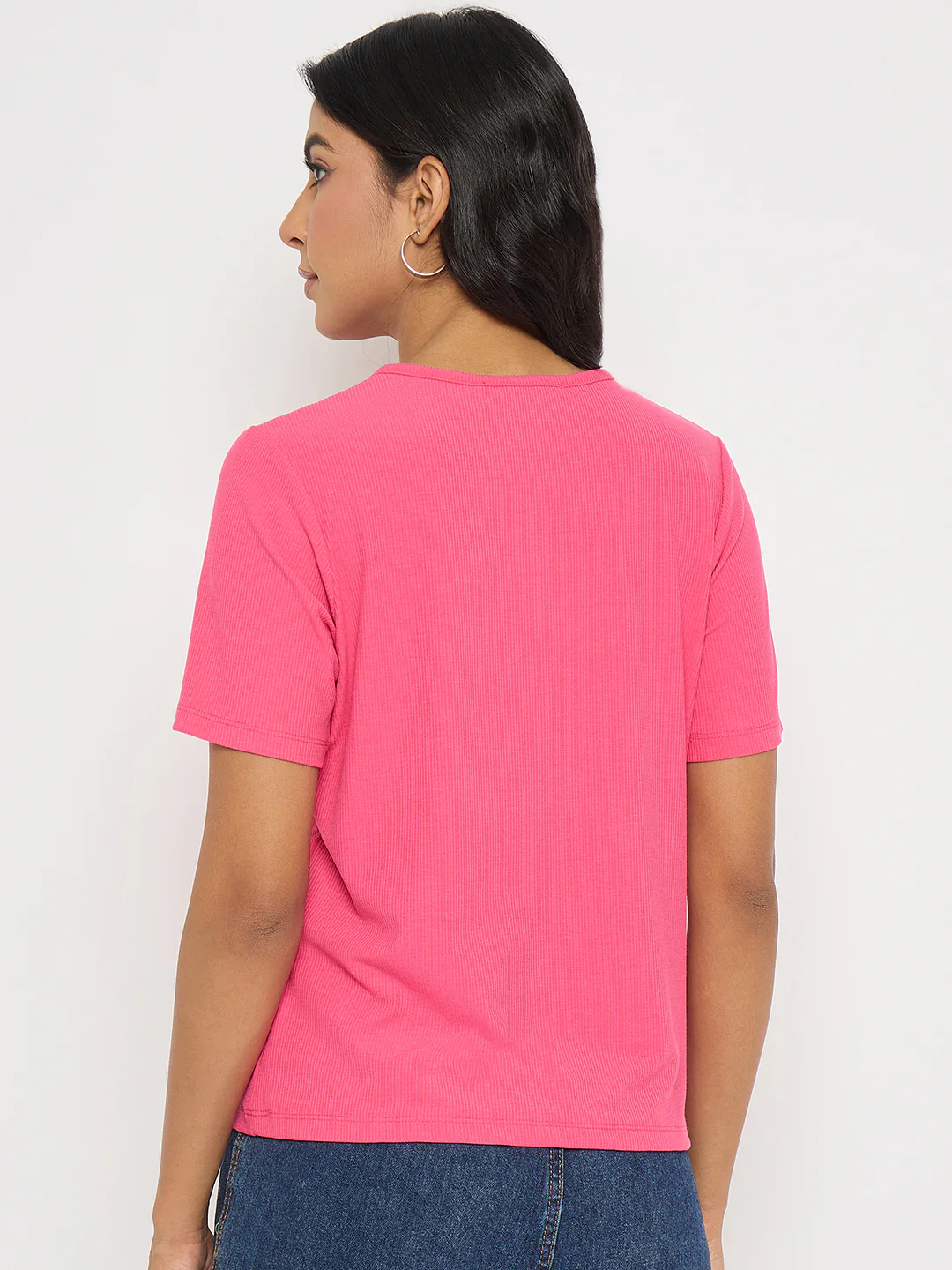 Madame Henley Neck Solid Hot Pink T-Shirt - Image 6