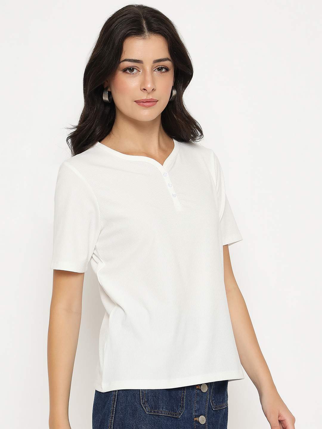 Madame Henley Neck Solid White T-Shirt - Image 4