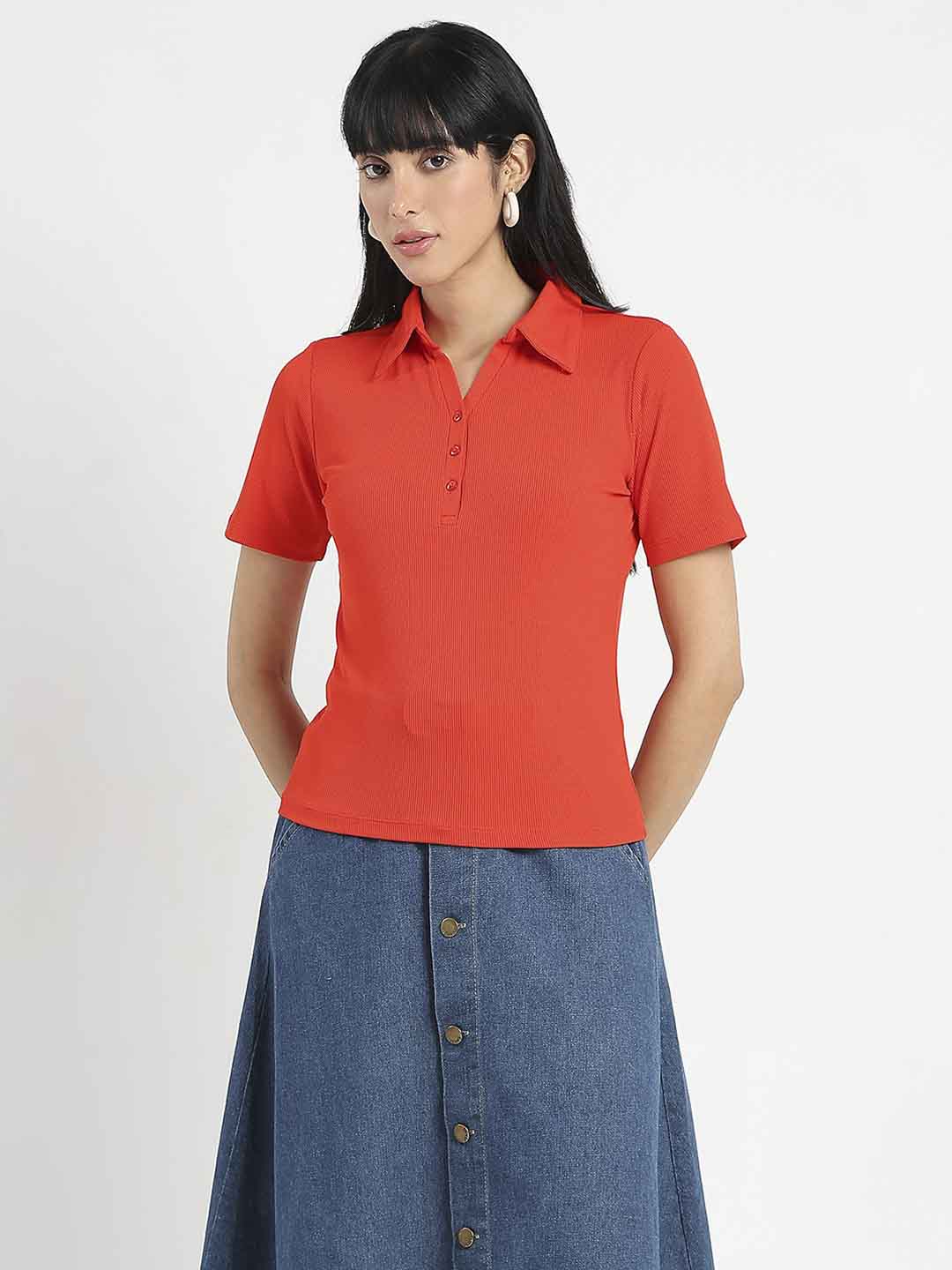Madame Solid Red Polo Pique T-Shirt