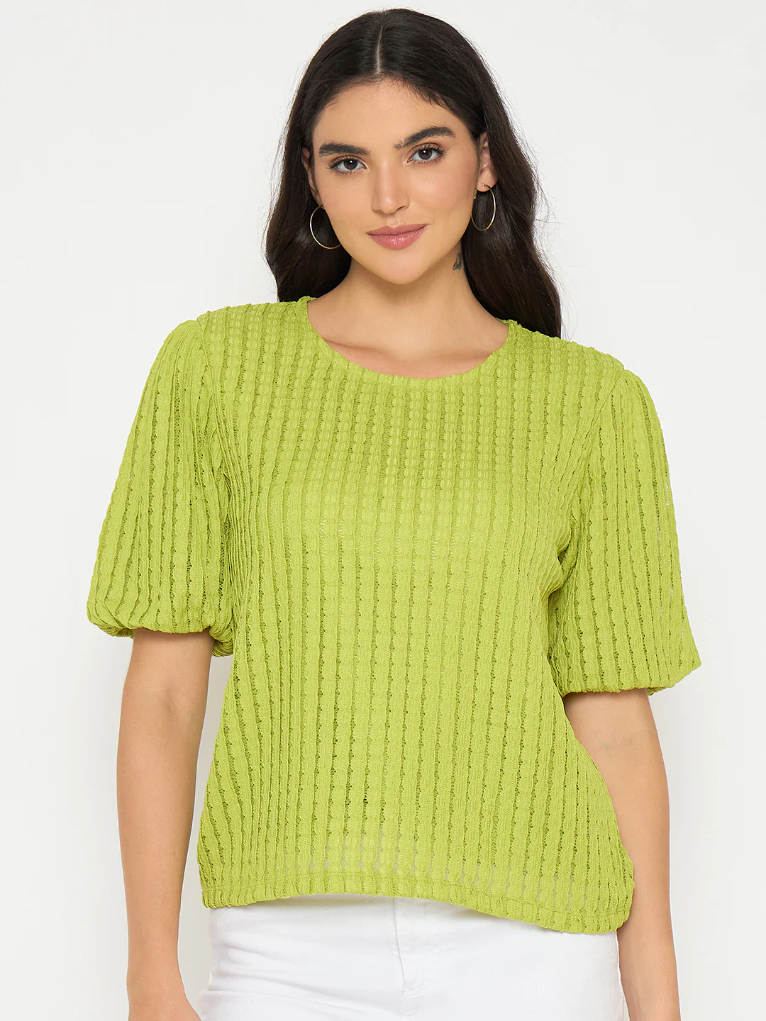 Madame Textured Solid Apple Green Top - Image 3