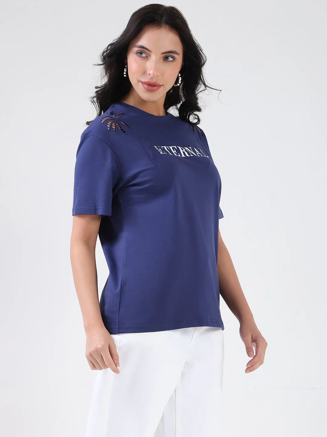 Madame Printed Embroidery Cutwork Navy Blue Crop T-shirt - Image 3