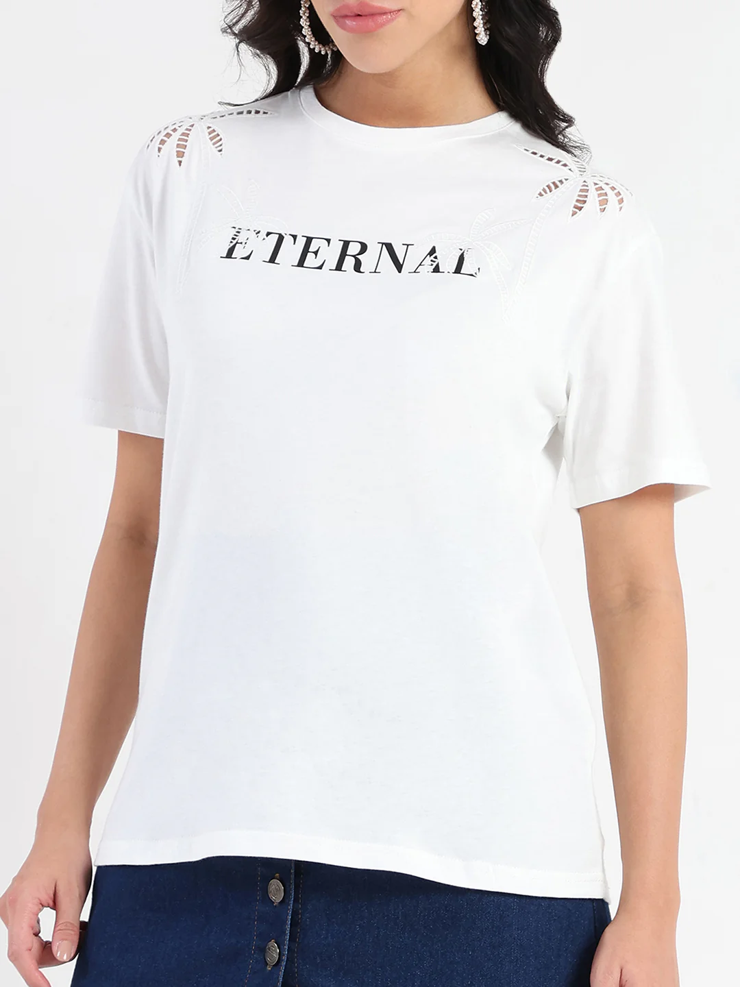 Madame Printed Embroidery Cutwork White Crop T-shirt - Image 6