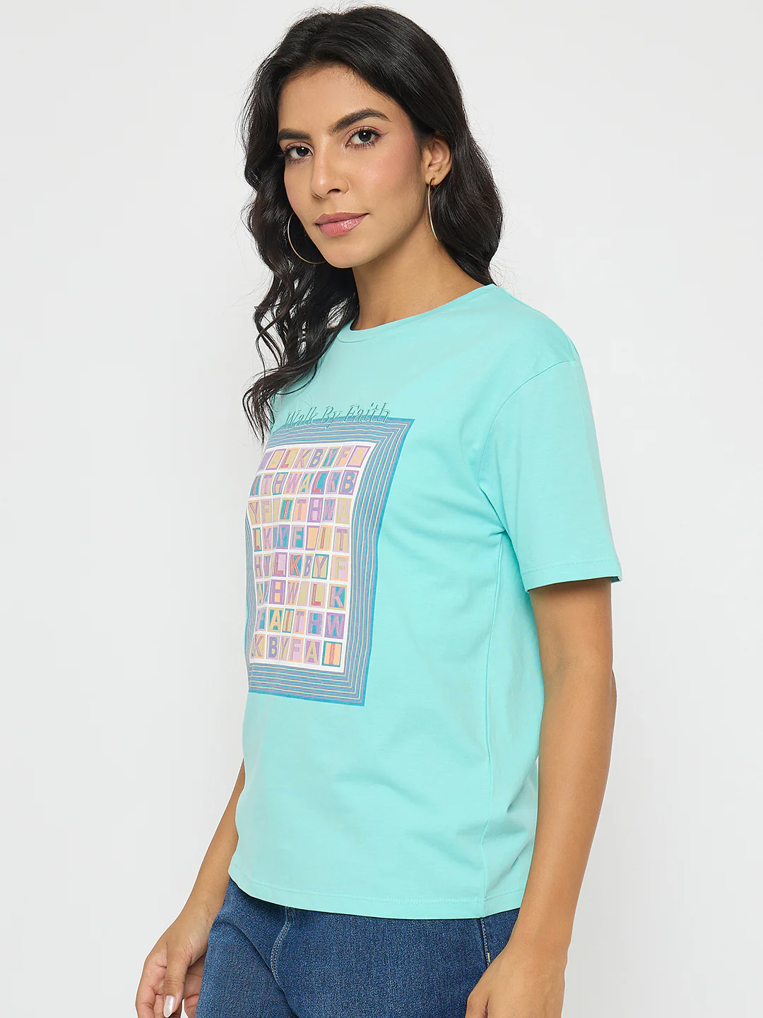 Madame Embroidered Graphic Print Cotton Aqua Blue T-Shirt - Image 5