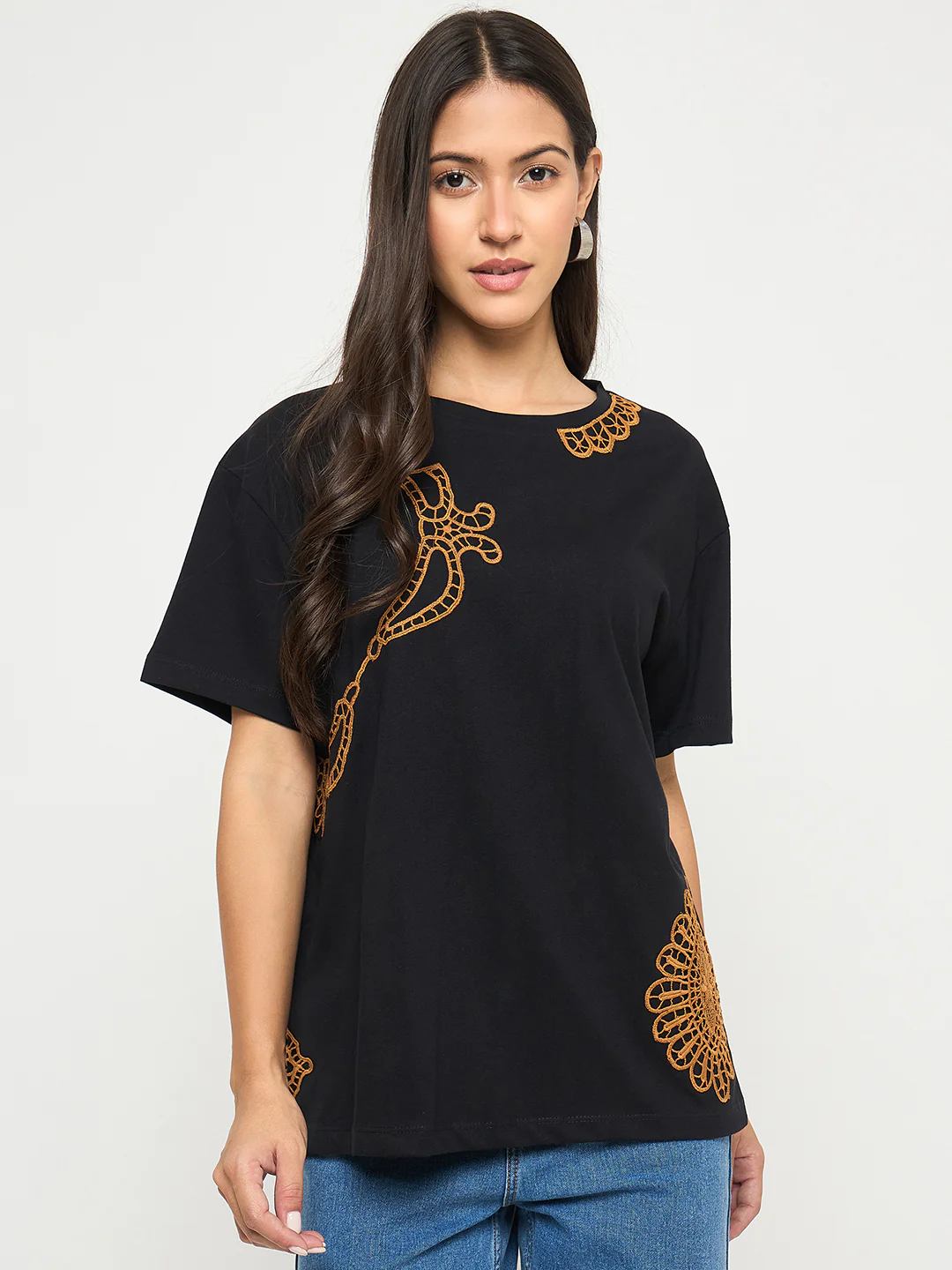 Madame Embroidery Patchwork Detailed Black Cotton T-shirt - Image 3