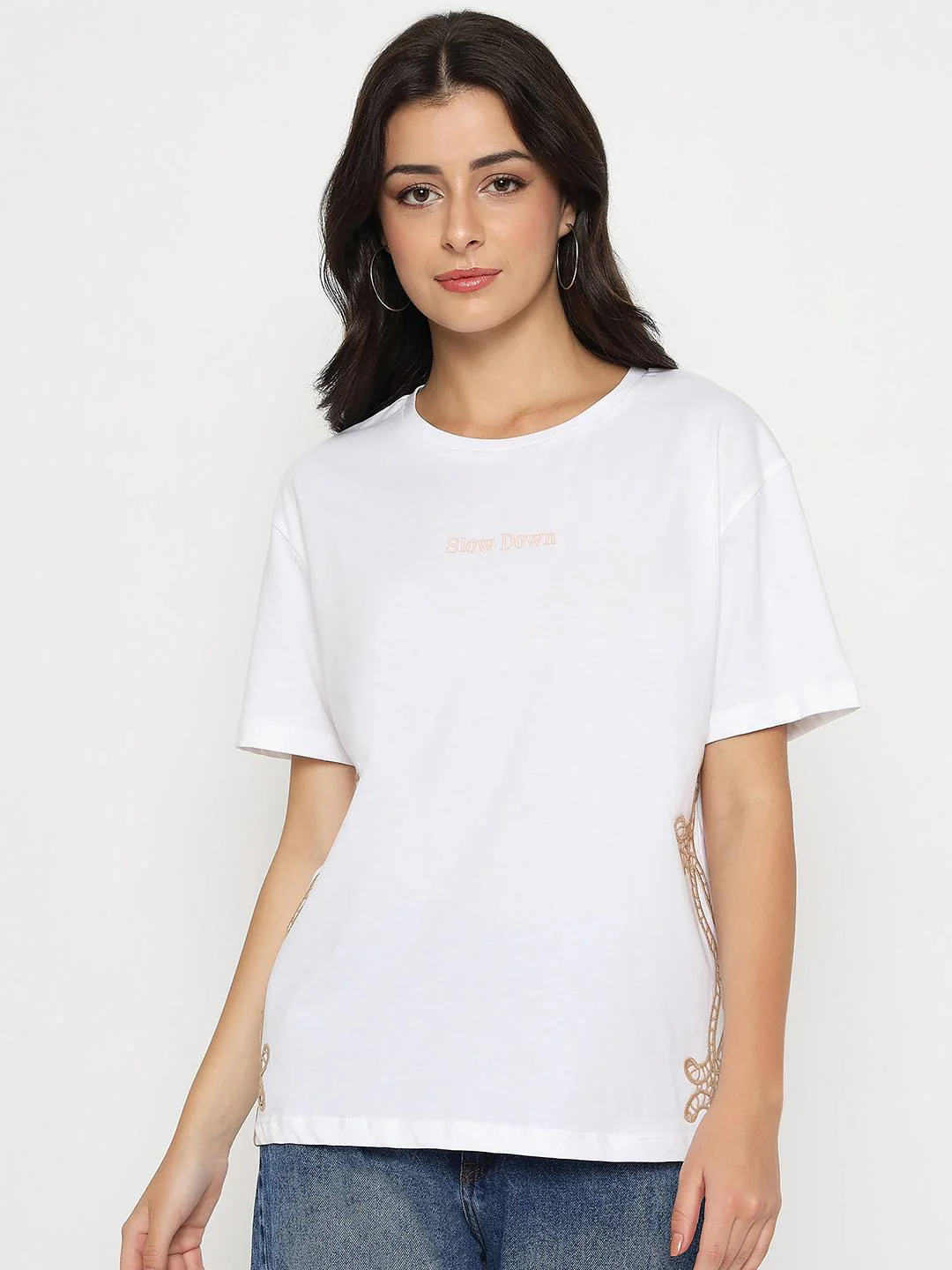 Madame Embroidered Half Sleeve White Cotton T-shirt - Image 3