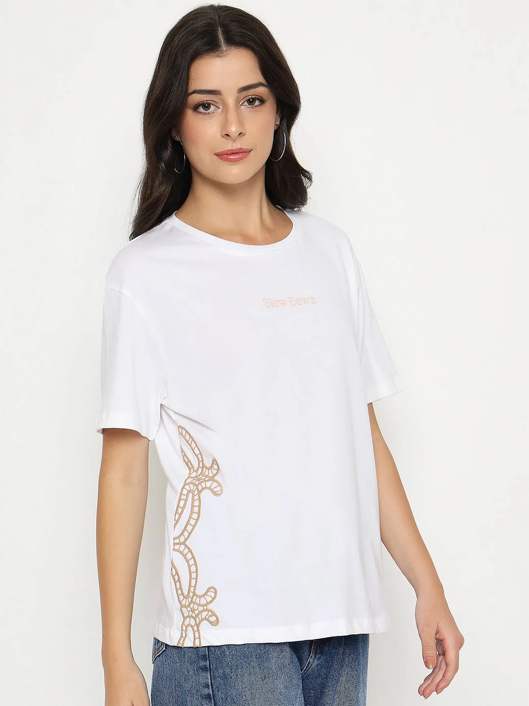 Madame Embroidered Half Sleeve White Cotton T-shirt - Image 4