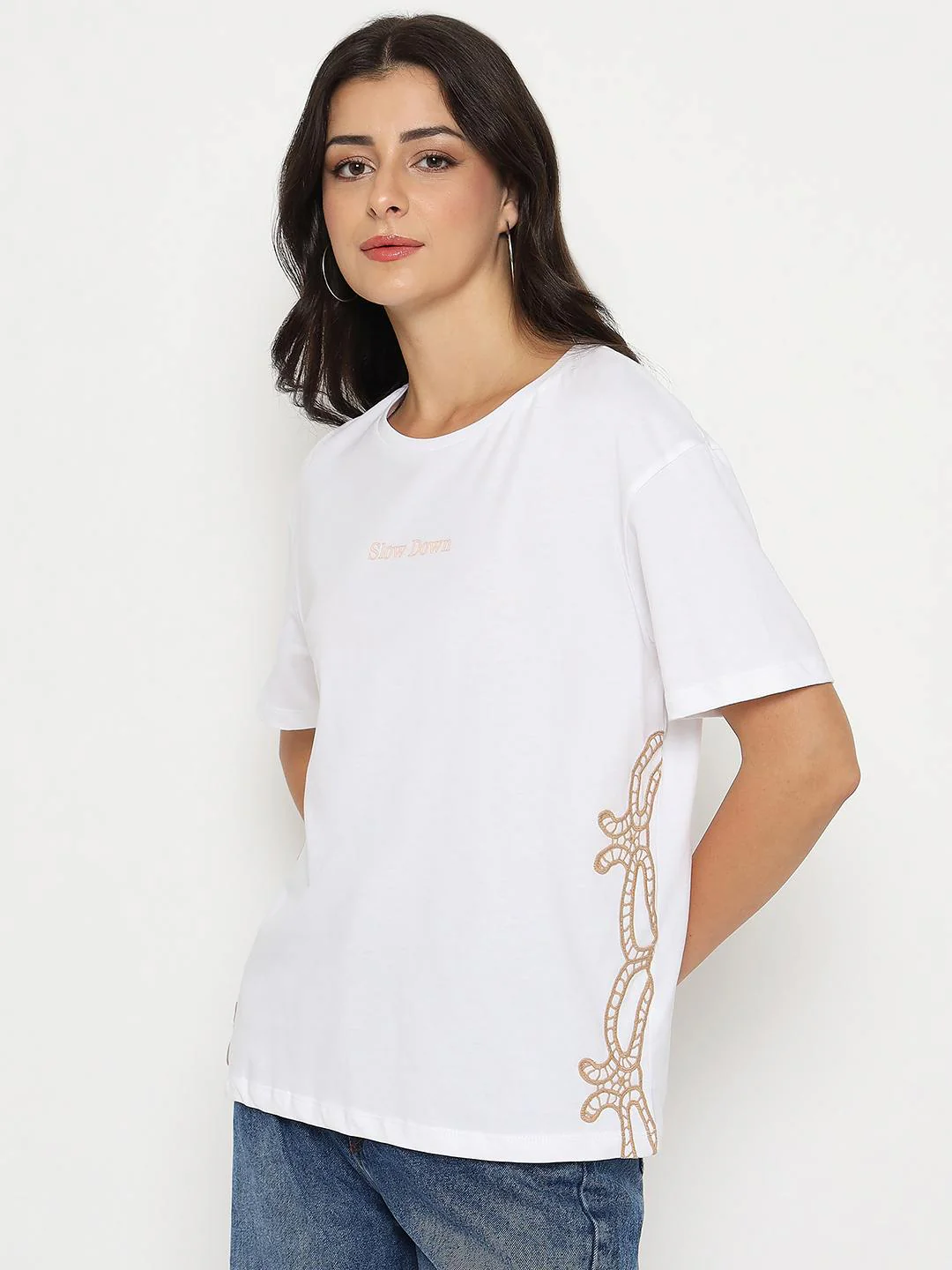 Madame Embroidered Half Sleeve White Cotton T-shirt - Image 5