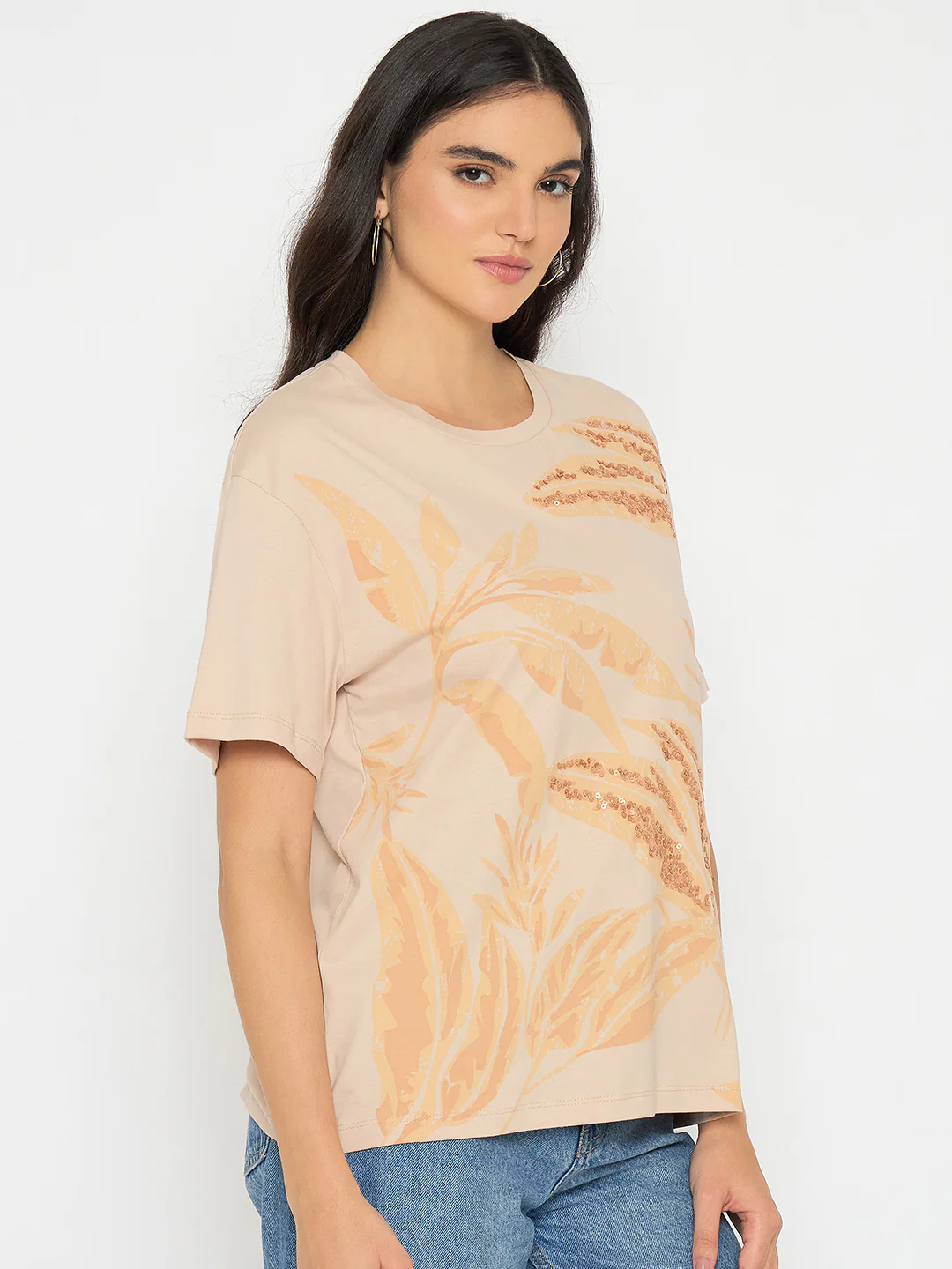 Madame Botanical Print Beige Cotton T-shirt - Image 4