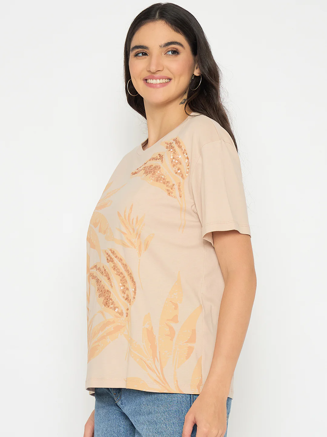 Madame Botanical Print Beige Cotton T-shirt - Image 5