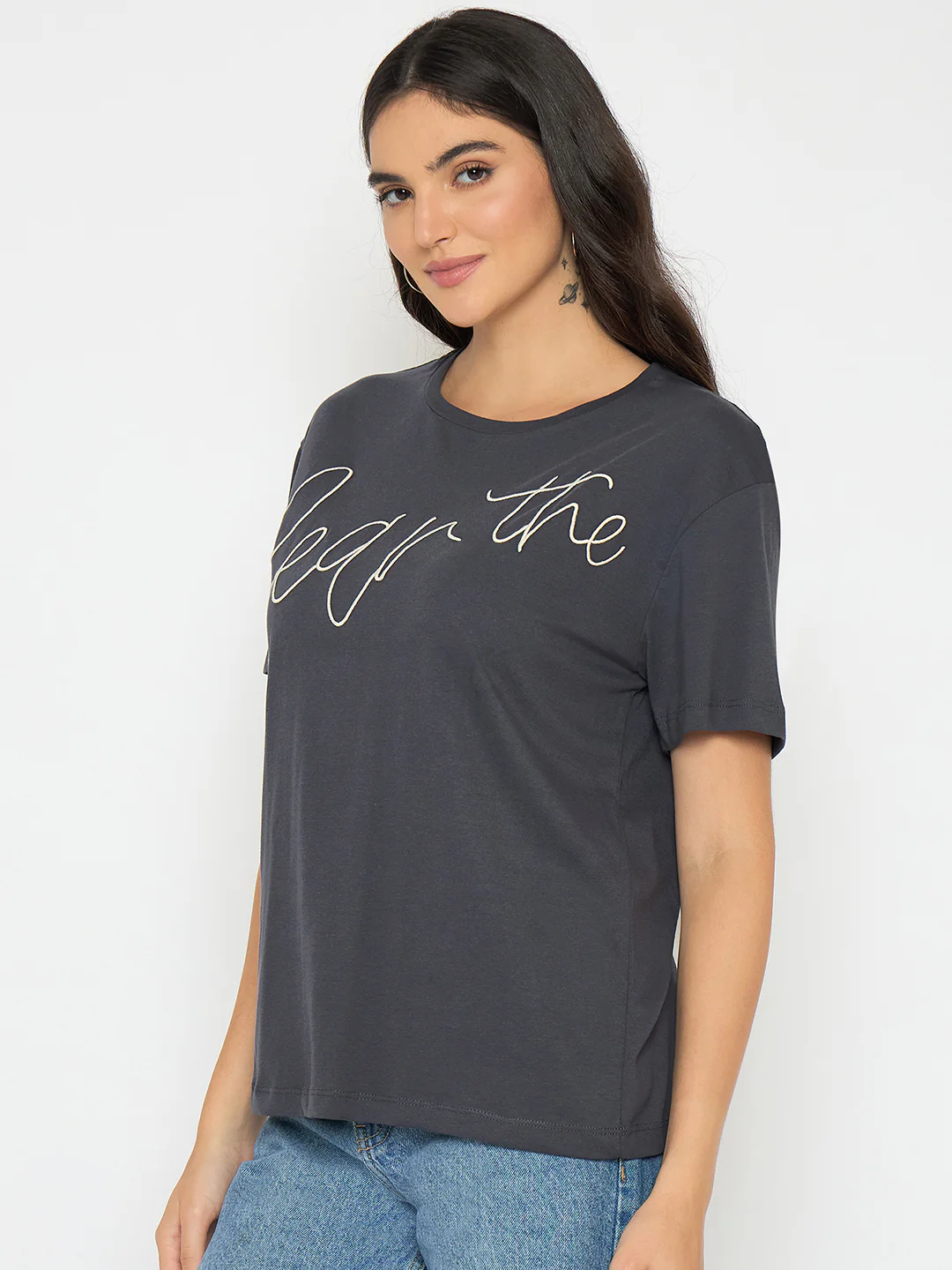 Madame Typography Print Charcoal Black Cotton T-shirt - Image 5