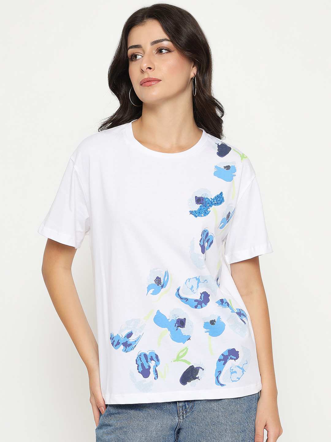 Madame Abstract Print Half Sleeve White Cotton T-shirt - Image 3