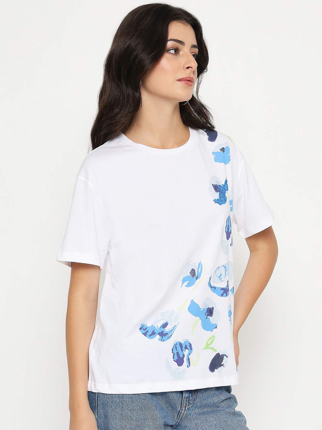 Madame Abstract Print Half Sleeve White Cotton T-shirt - Image 4