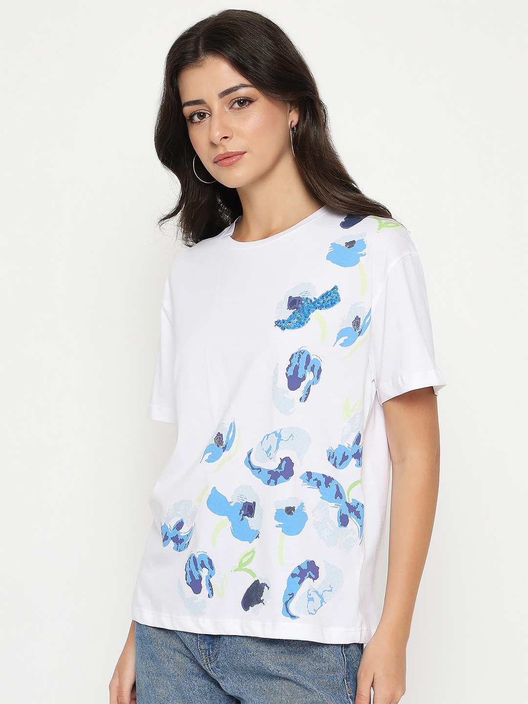 Madame Abstract Print Half Sleeve White Cotton T-shirt - Image 5