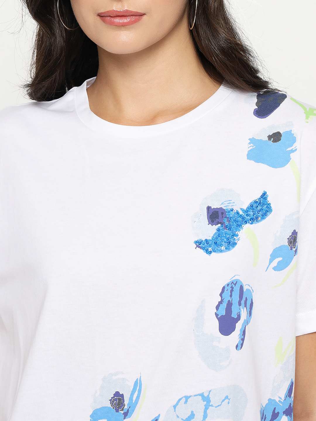 Madame Abstract Print Half Sleeve White Cotton T-shirt - Image 7