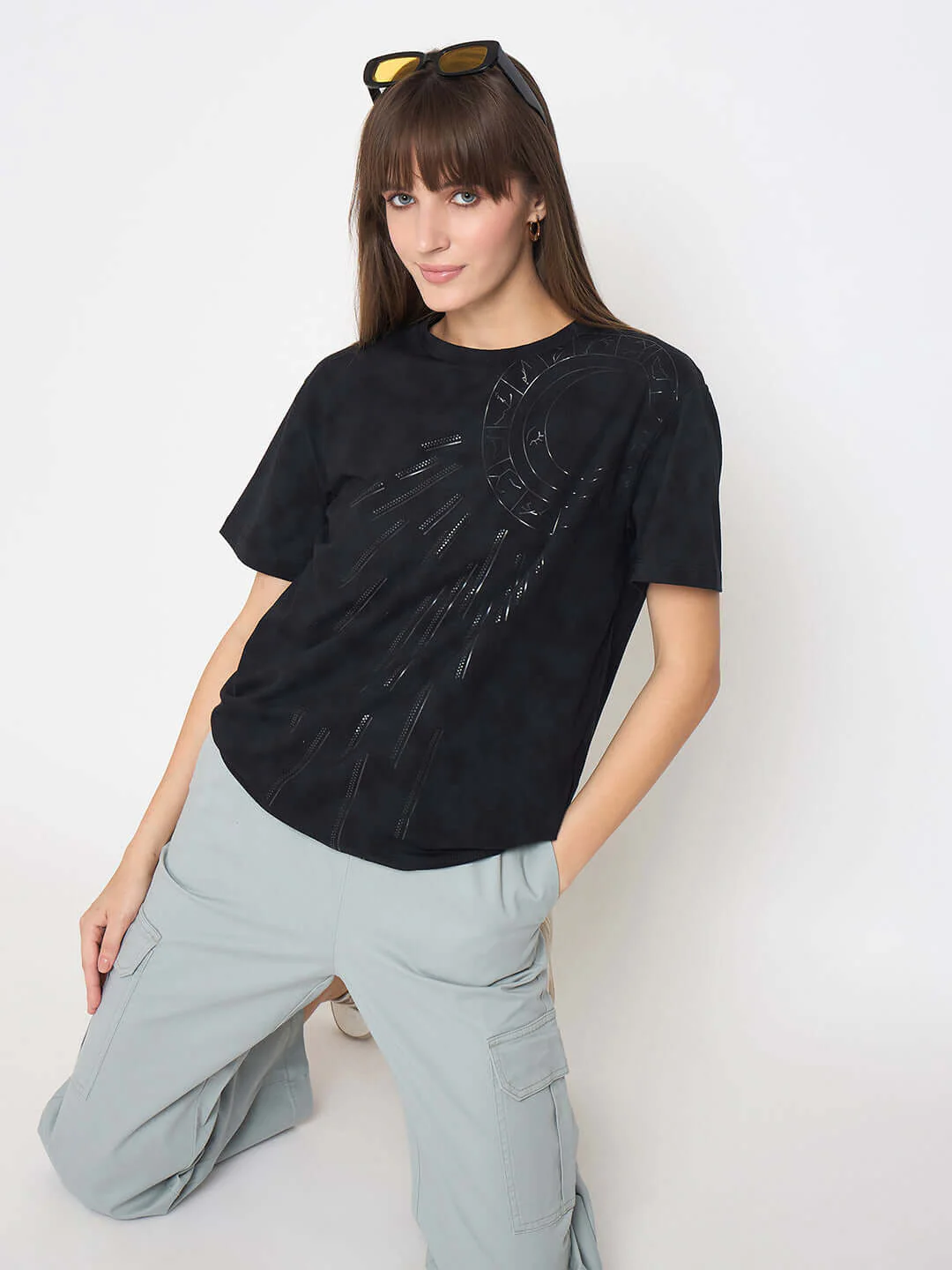 Madame Swarovski Detailed Graphic Print Charcoal Black T-Shirt