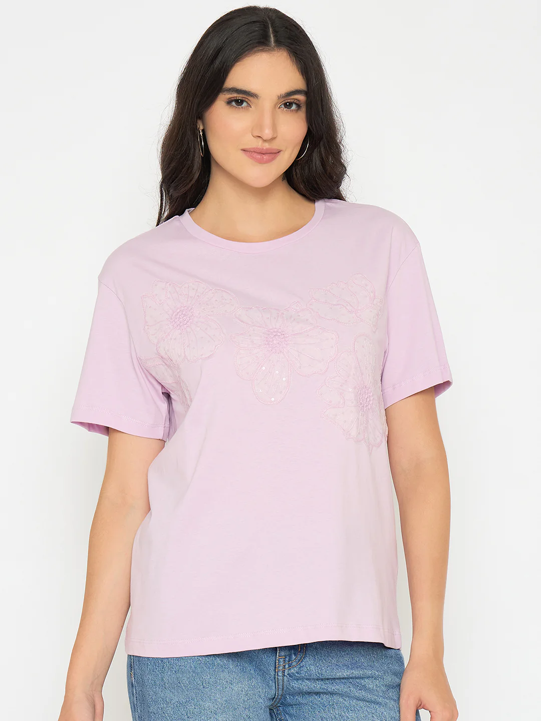 Madame Embellished Lilac Cotton T-shirt - Image 3