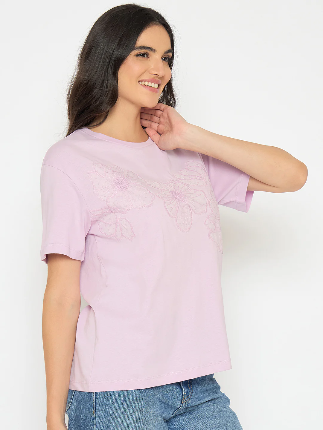 Madame Embellished Lilac Cotton T-shirt - Image 4
