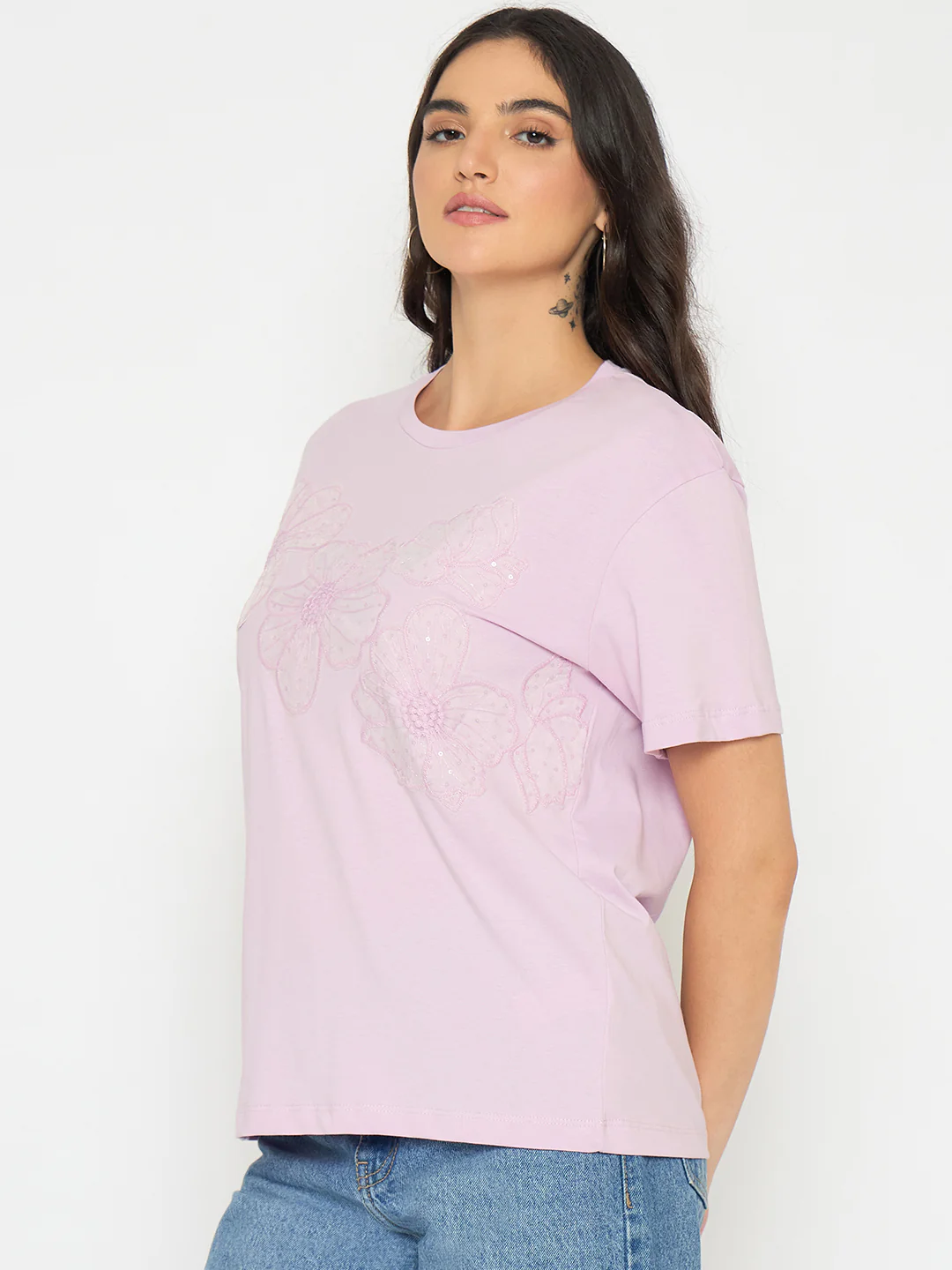 Madame Embellished Lilac Cotton T-shirt - Image 5