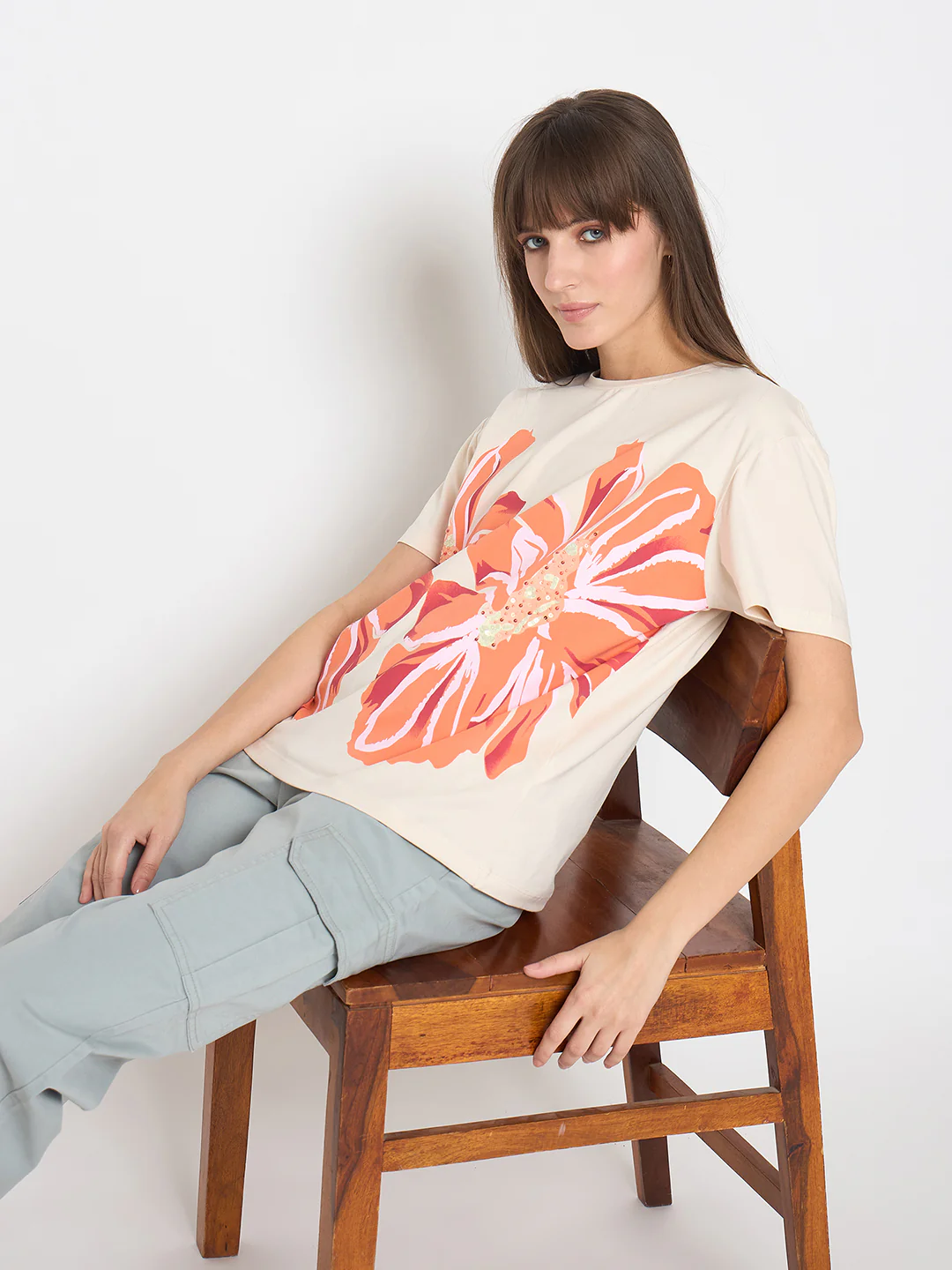 Madame Printed and Handwork Detailed Beige Sinker T-shirt - Image 2
