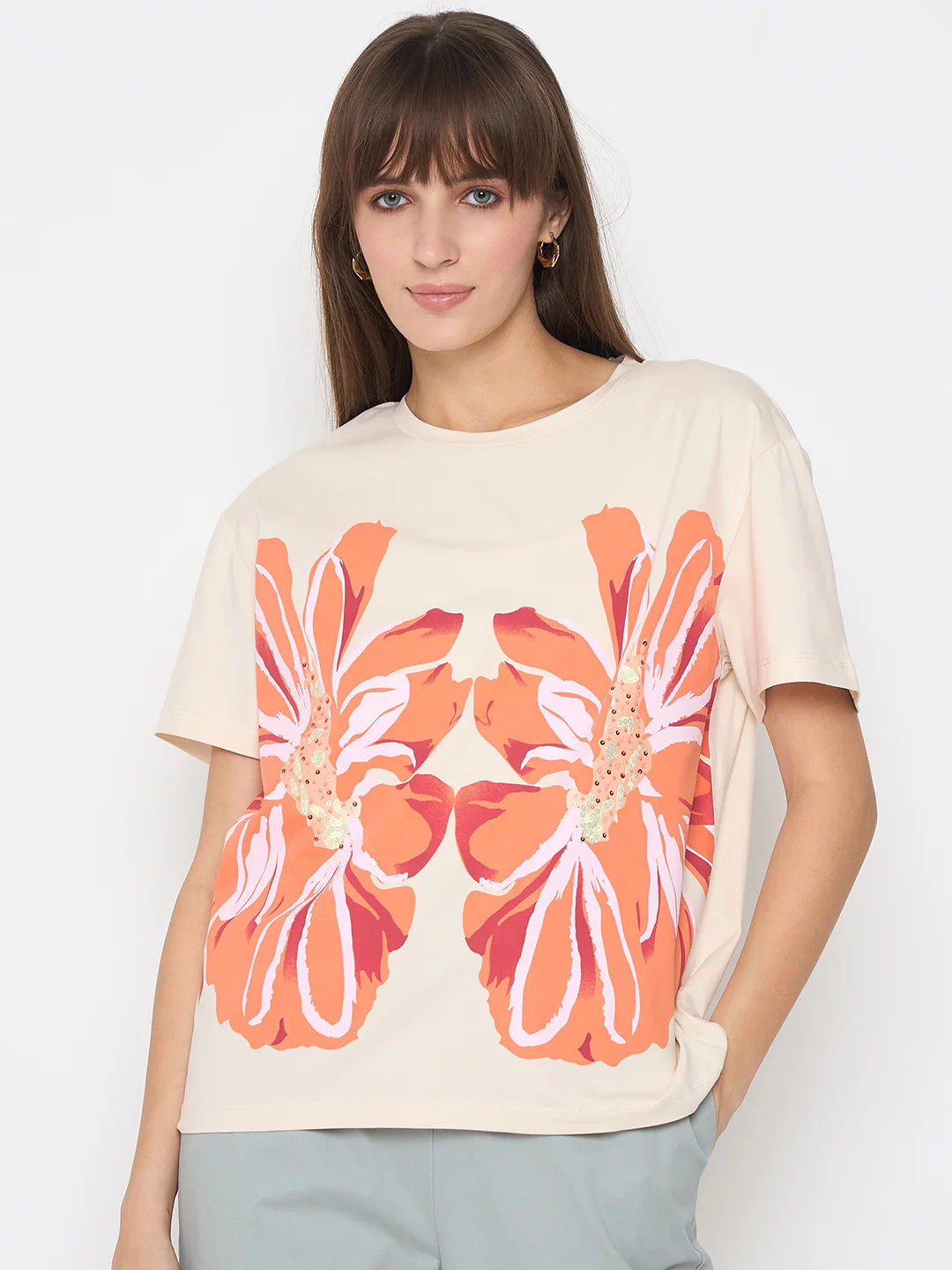 Madame Printed and Handwork Detailed Beige Sinker T-shirt - Image 3