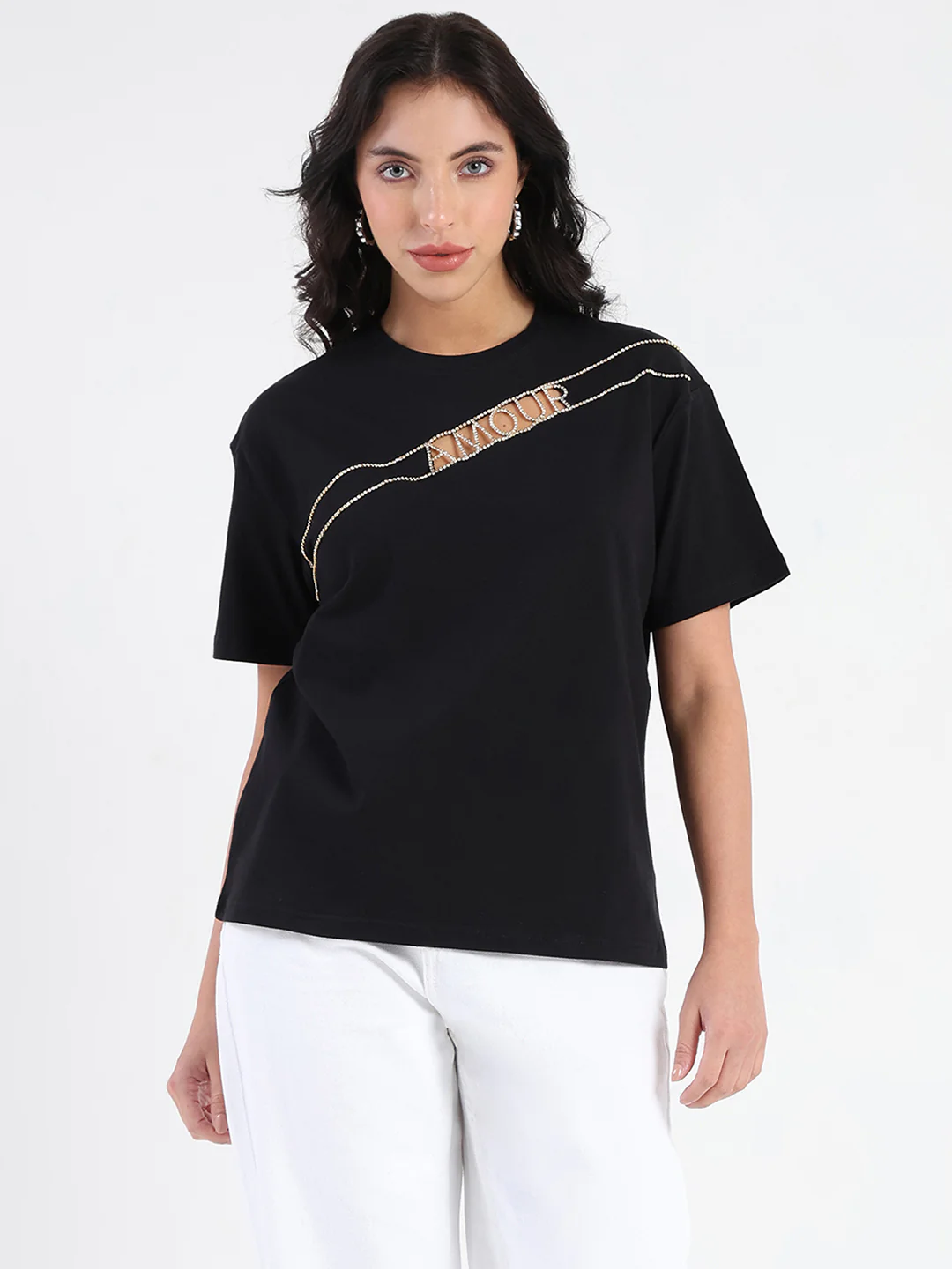 Madame Embellished Cutwork Detail Black Cotton T-shirt - Image 3