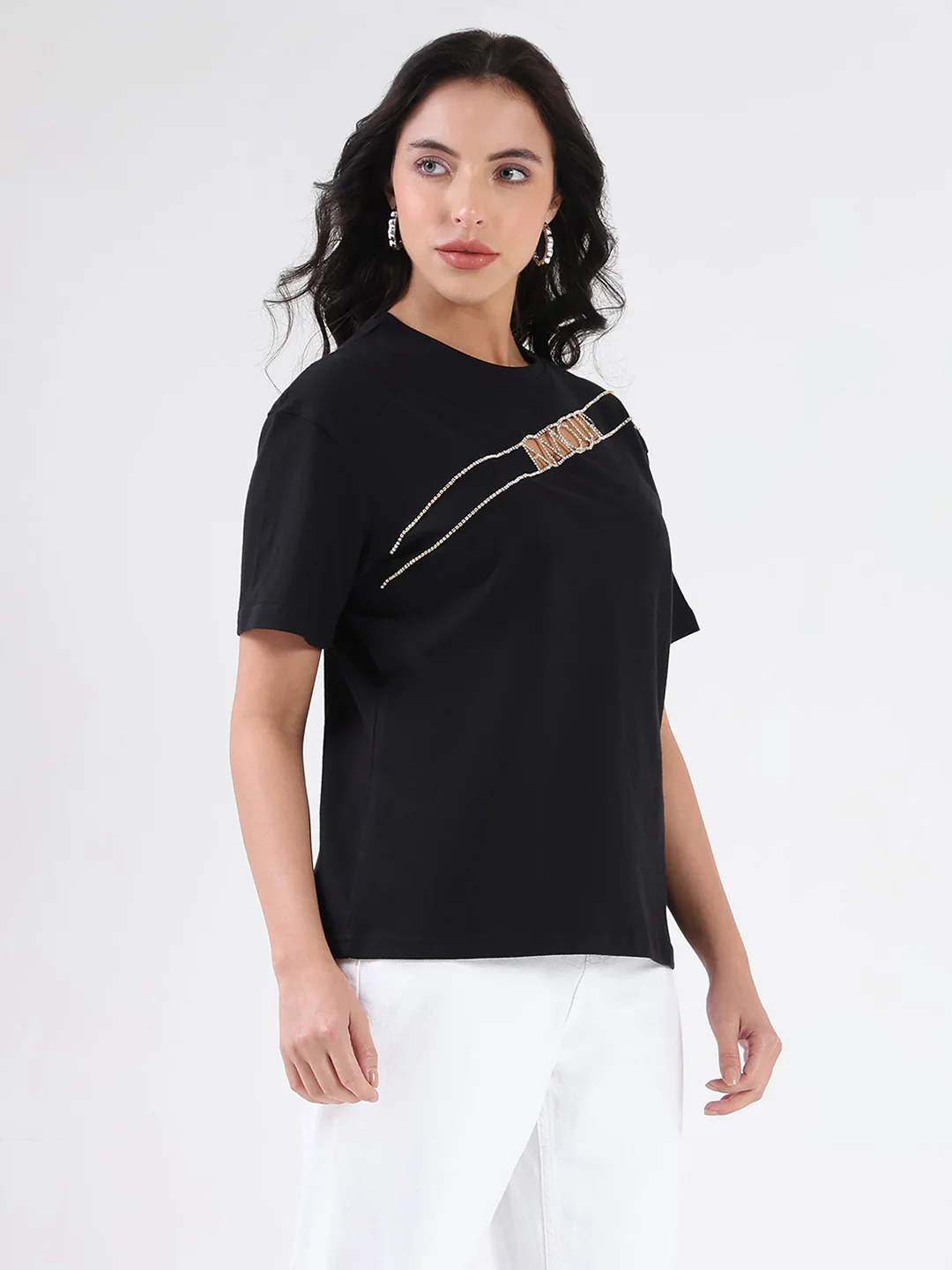 Madame Embellished Cutwork Detail Black Cotton T-shirt - Image 4