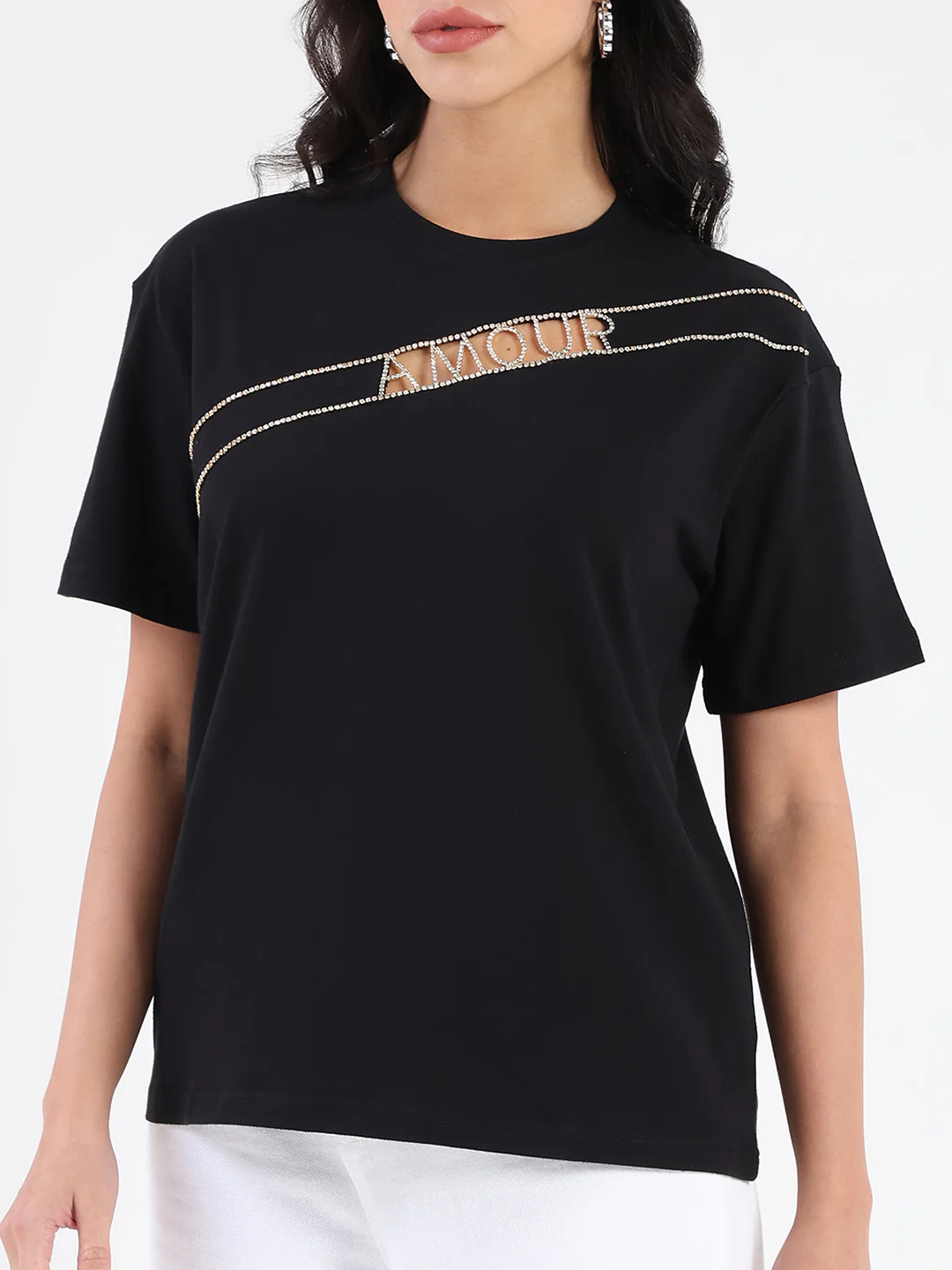 Madame Embellished Cutwork Detail Black Cotton T-shirt - Image 7