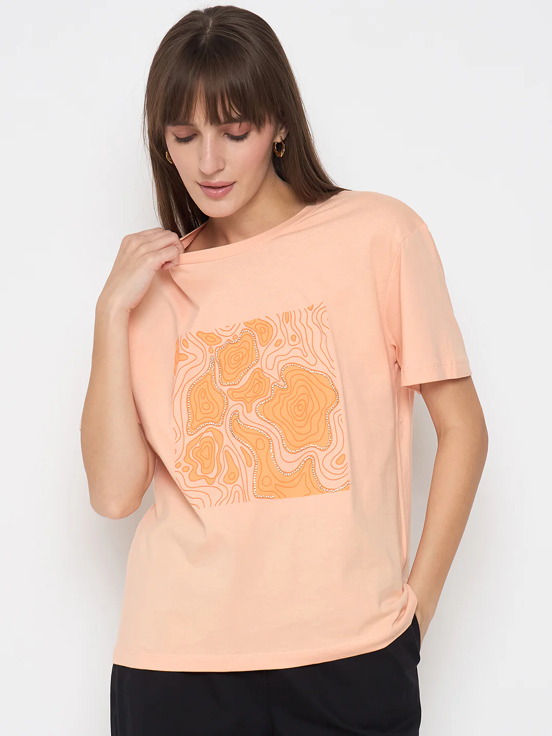 Madame Graphic Print Embellished Peach Sinker Tshirt - Image 3
