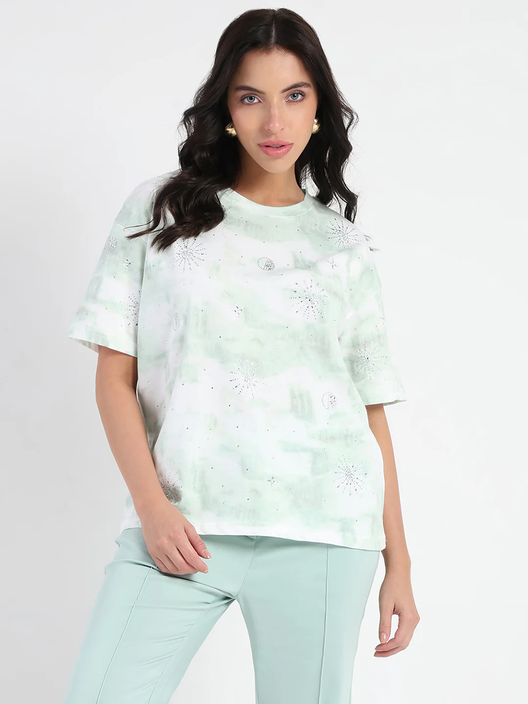 Madame Swarovksi Detailed Tie and Dye Sea Green T-shirt - Image 3