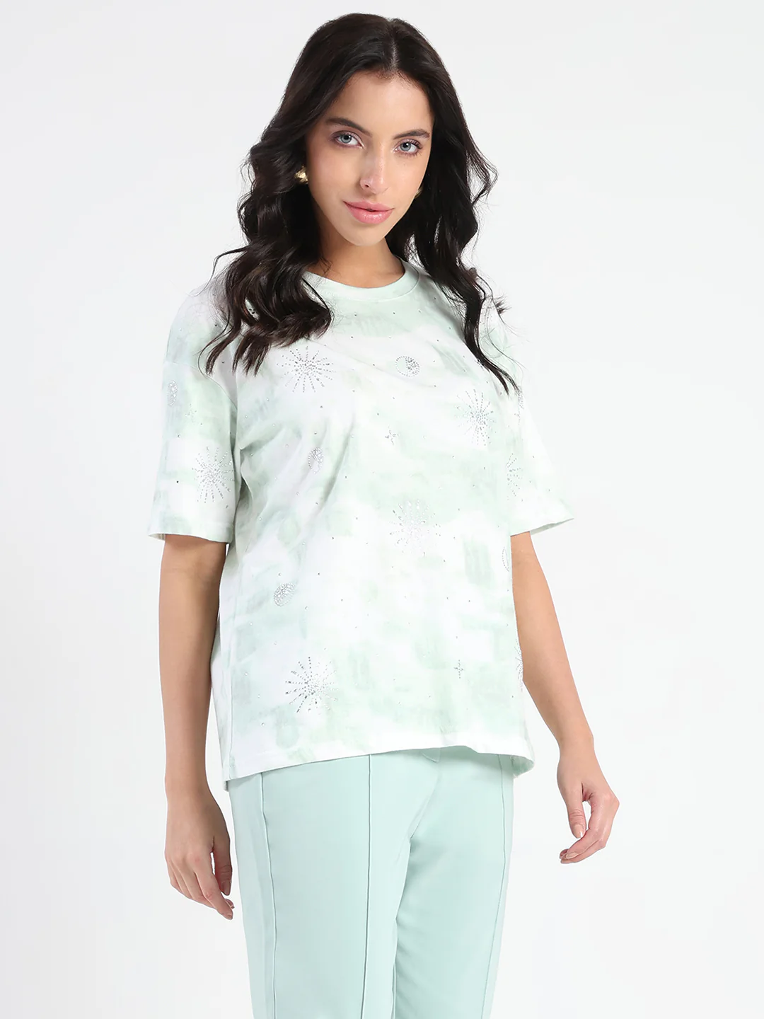 Madame Swarovksi Detailed Tie and Dye Sea Green T-shirt - Image 4