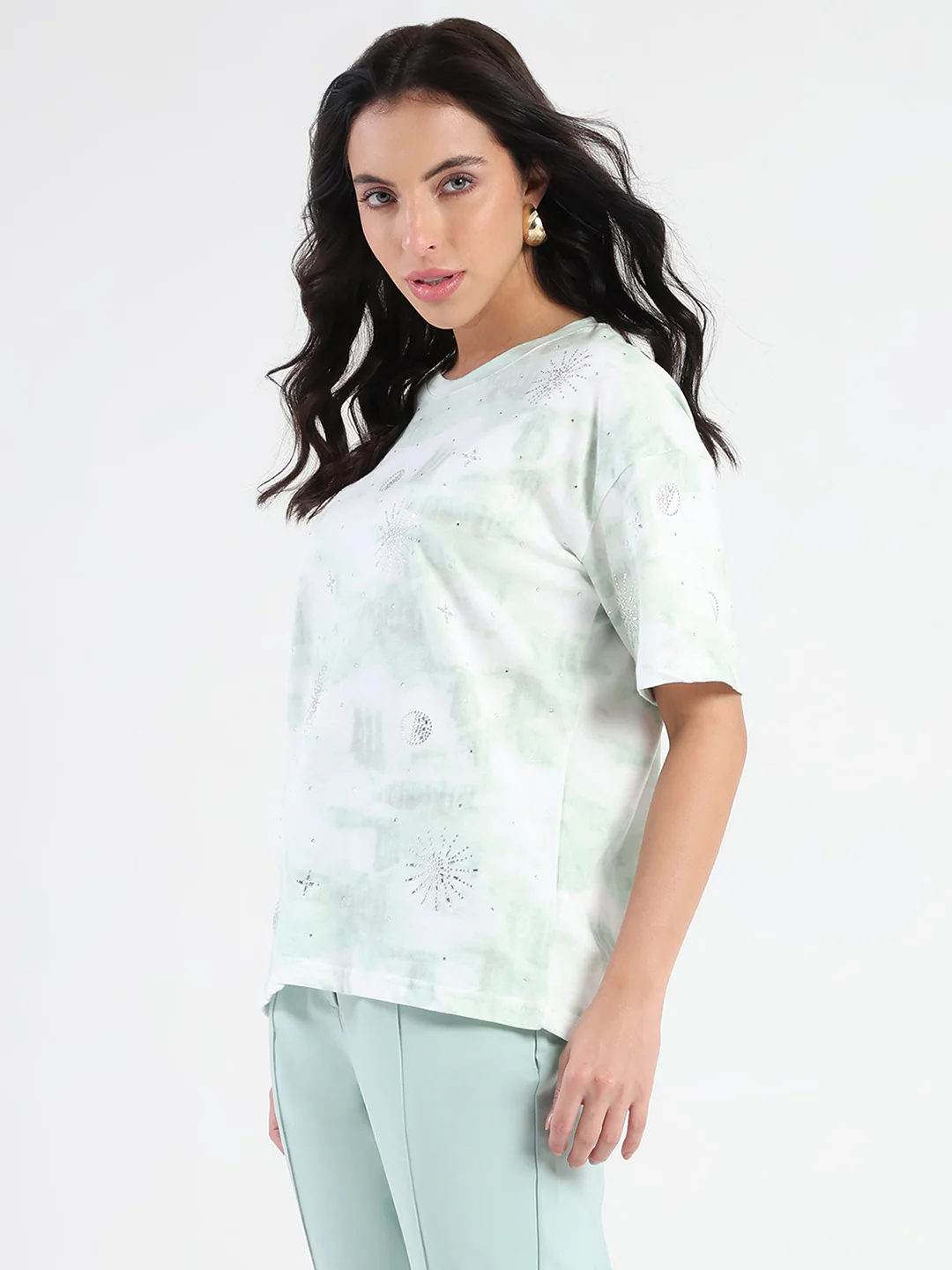 Madame Swarovksi Detailed Tie and Dye Sea Green T-shirt - Image 5