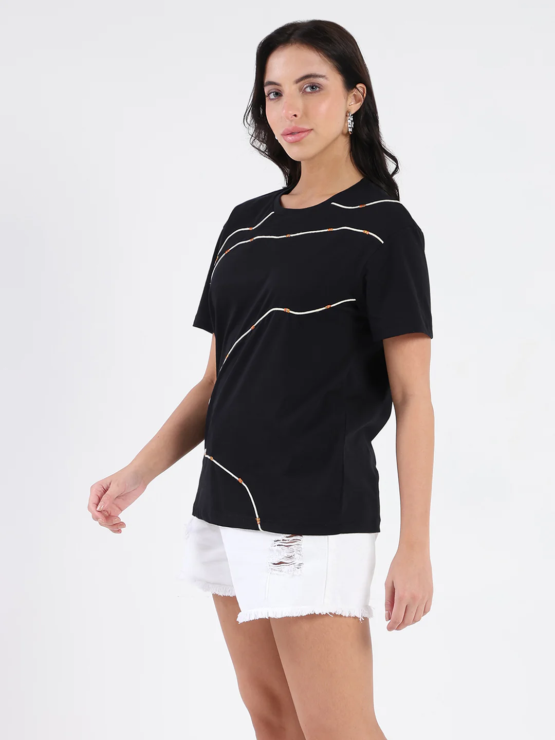 Madame Cord Detailed Solid Black Cotton T-shirt - Image 5
