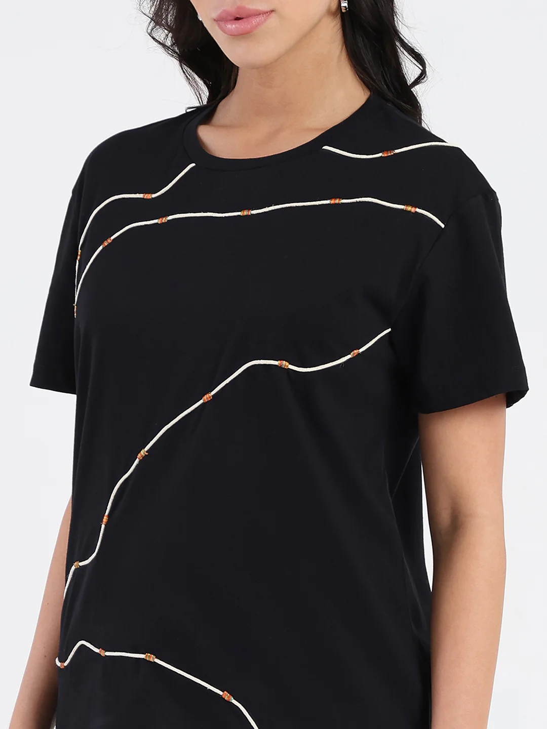 Madame Cord Detailed Solid Black Cotton T-shirt - Image 7