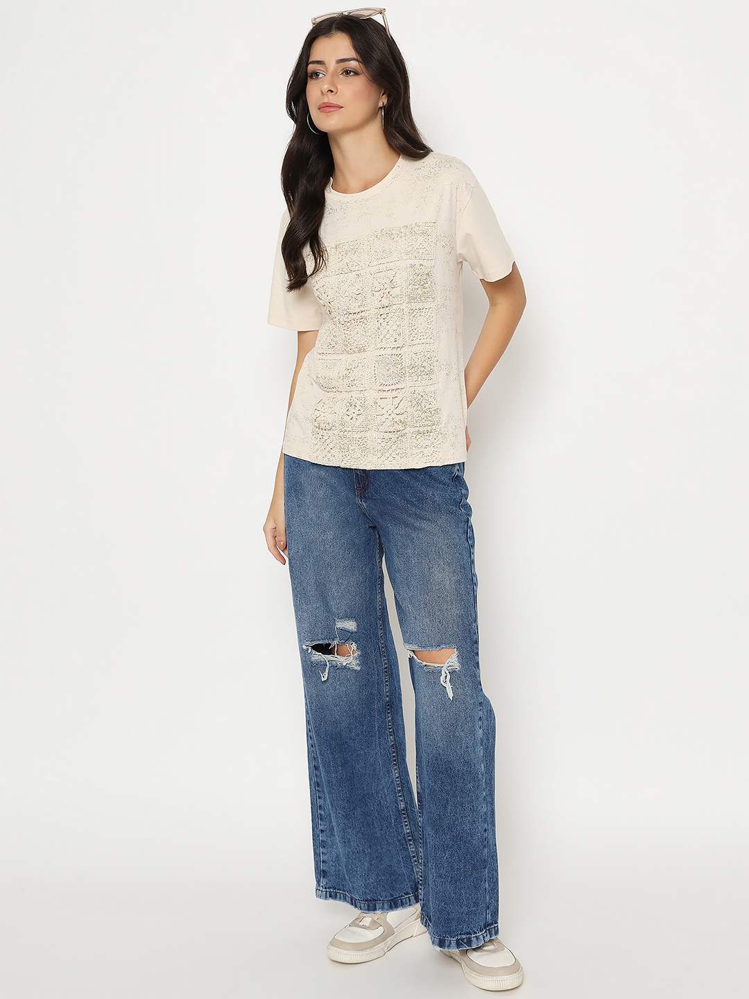 Madame Dori Embroidery Cotton Blend Beige T-shirt - Image 2