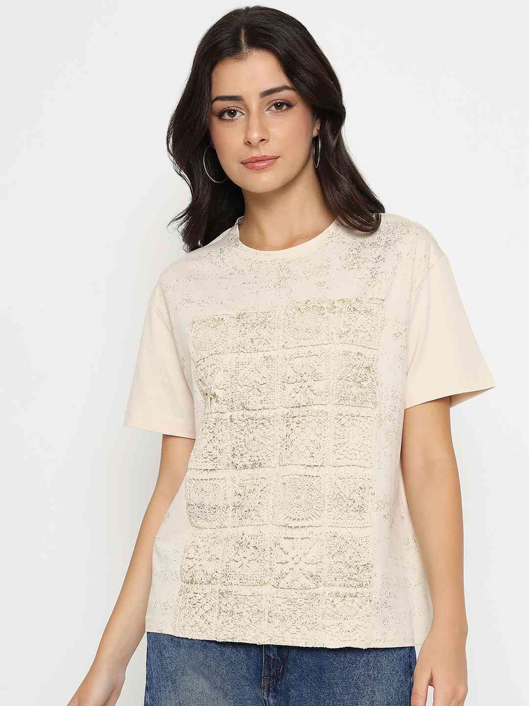 Madame Dori Embroidery Cotton Blend Beige T-shirt - Image 3