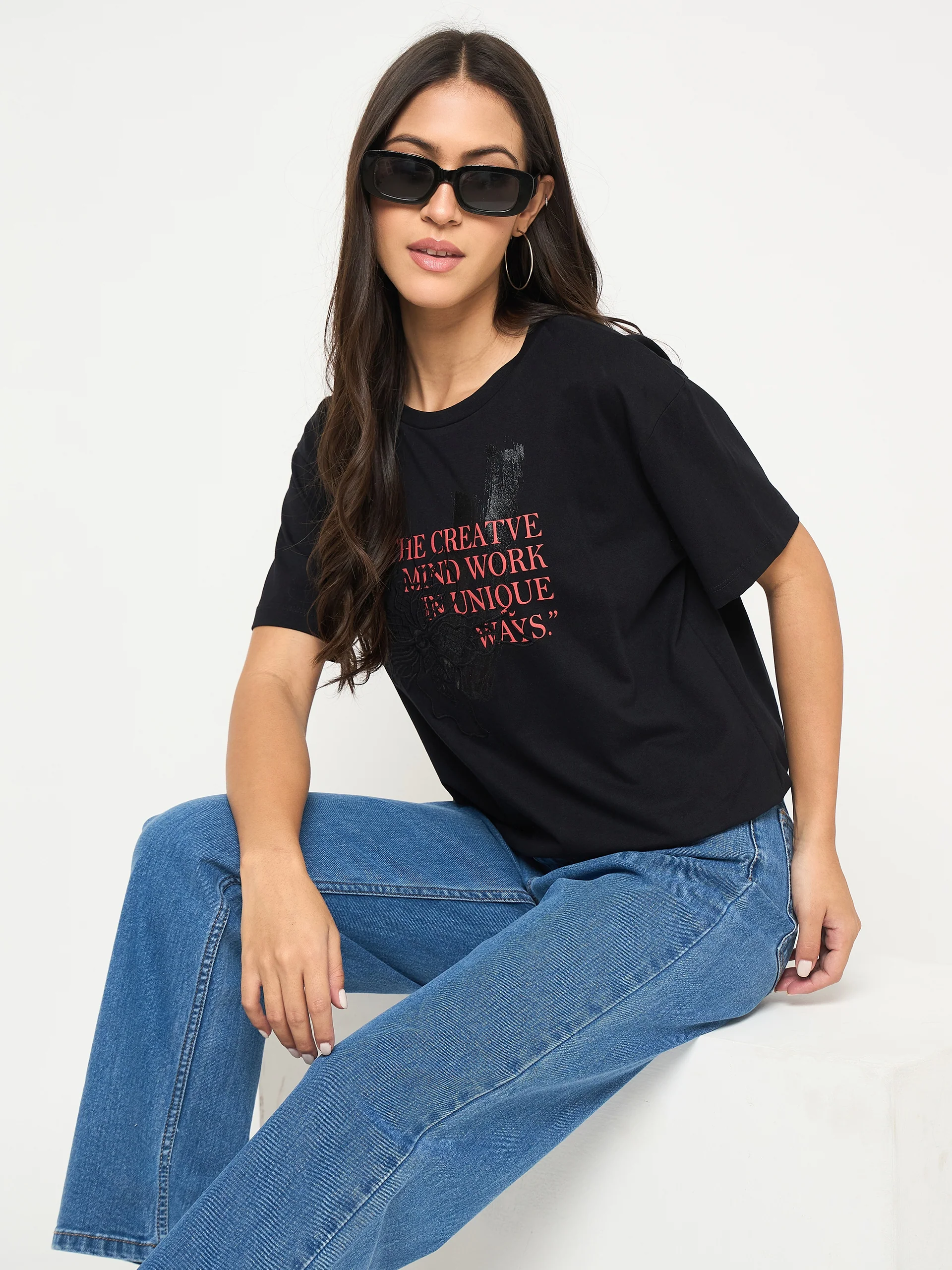 Madame Graphic Print Embellishment Black Cotton T-Shirt