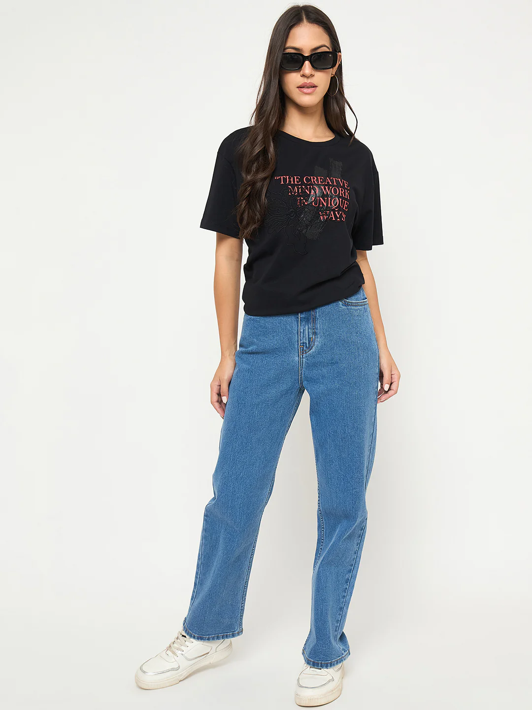 Madame Graphic Print Embellishment Black Cotton T-Shirt - Image 2