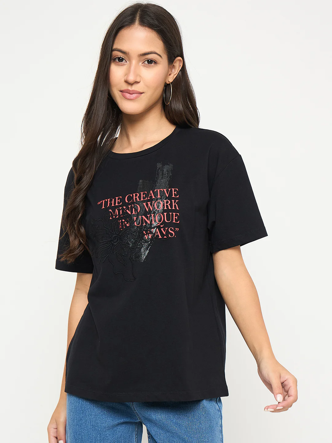 Madame Graphic Print Embellishment Black Cotton T-Shirt - Image 3