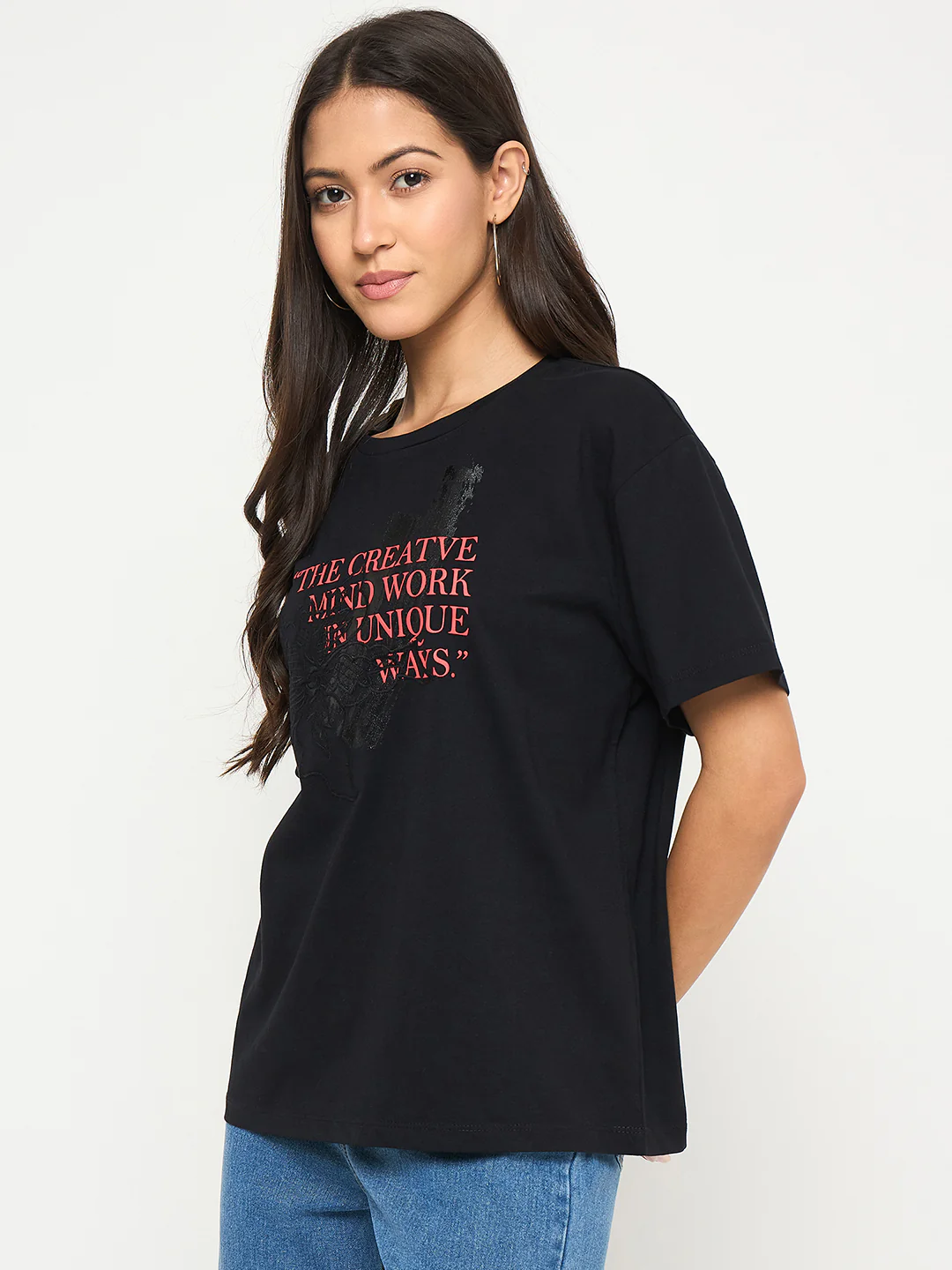 Madame Graphic Print Embellishment Black Cotton T-Shirt - Image 5