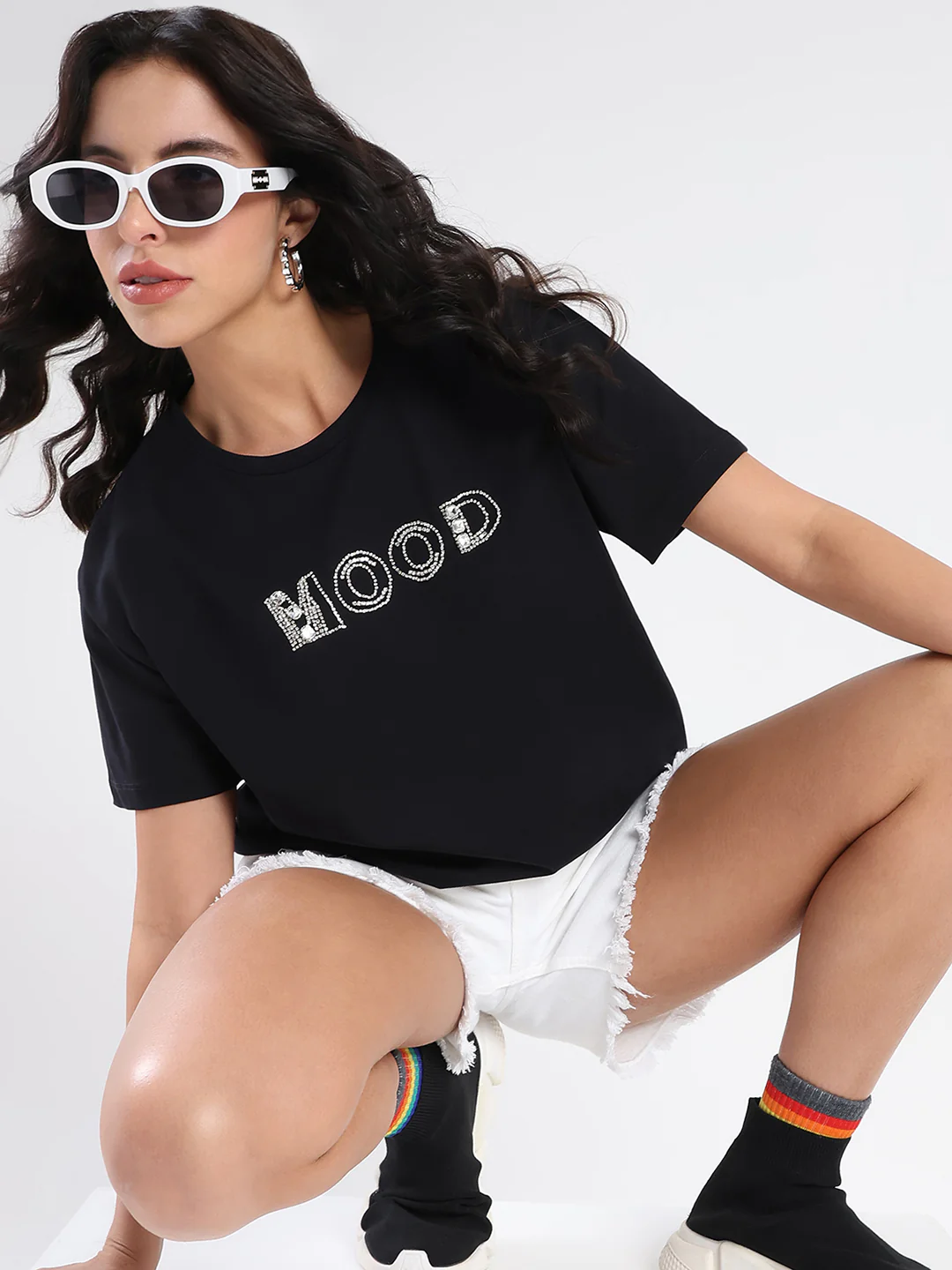Madame Embellished Pocket Typography Black Cotton T-shirt - Image 2