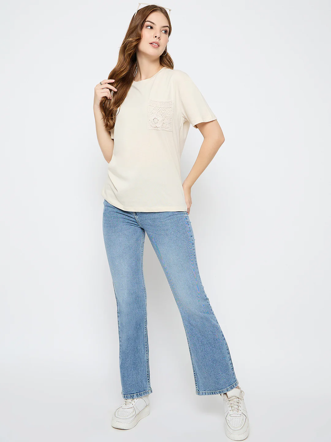 Madame Embroidered Patch Pocket Beige Cotton T-shirt - Image 2
