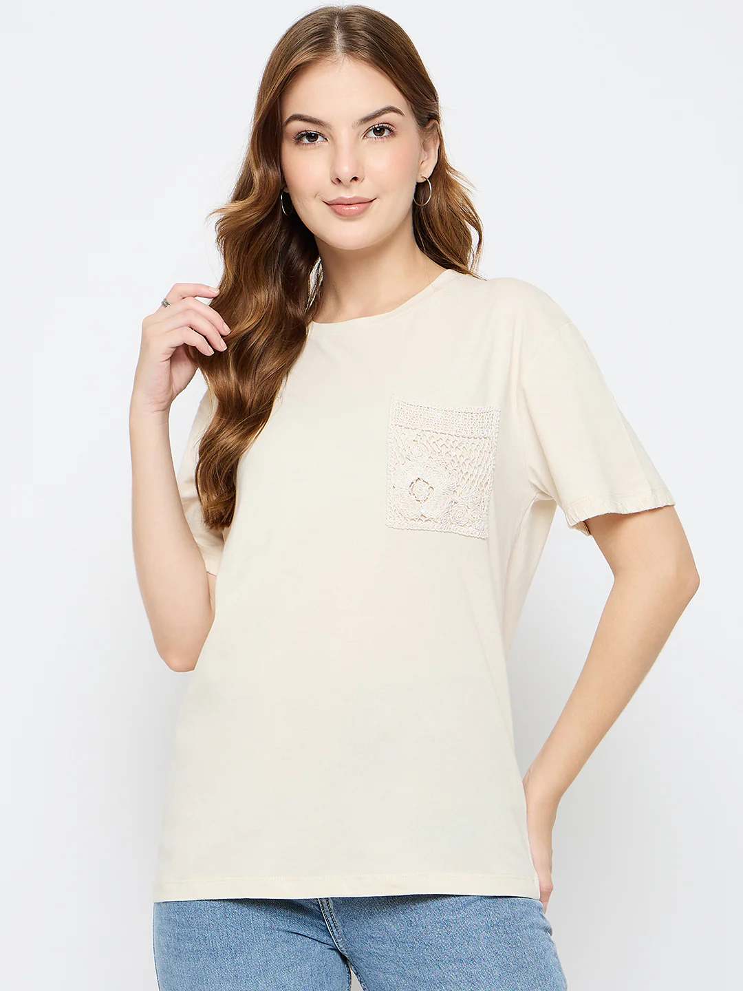 Madame Embroidered Patch Pocket Beige Cotton T-shirt - Image 3