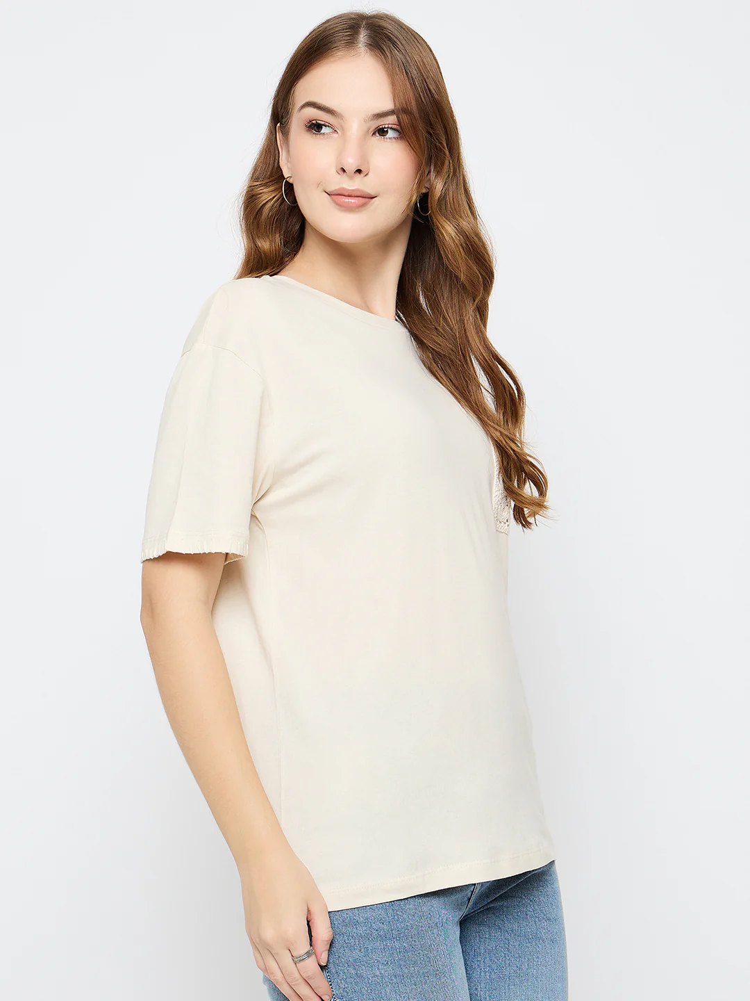 Madame Embroidered Patch Pocket Beige Cotton T-shirt - Image 4