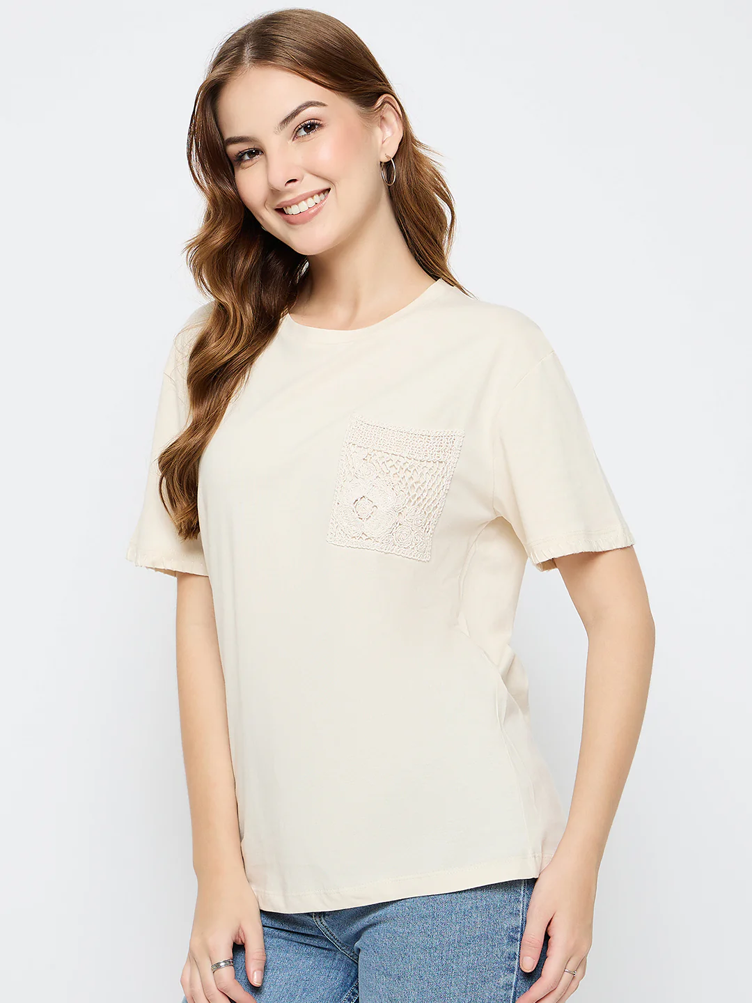Madame Embroidered Patch Pocket Beige Cotton T-shirt - Image 5