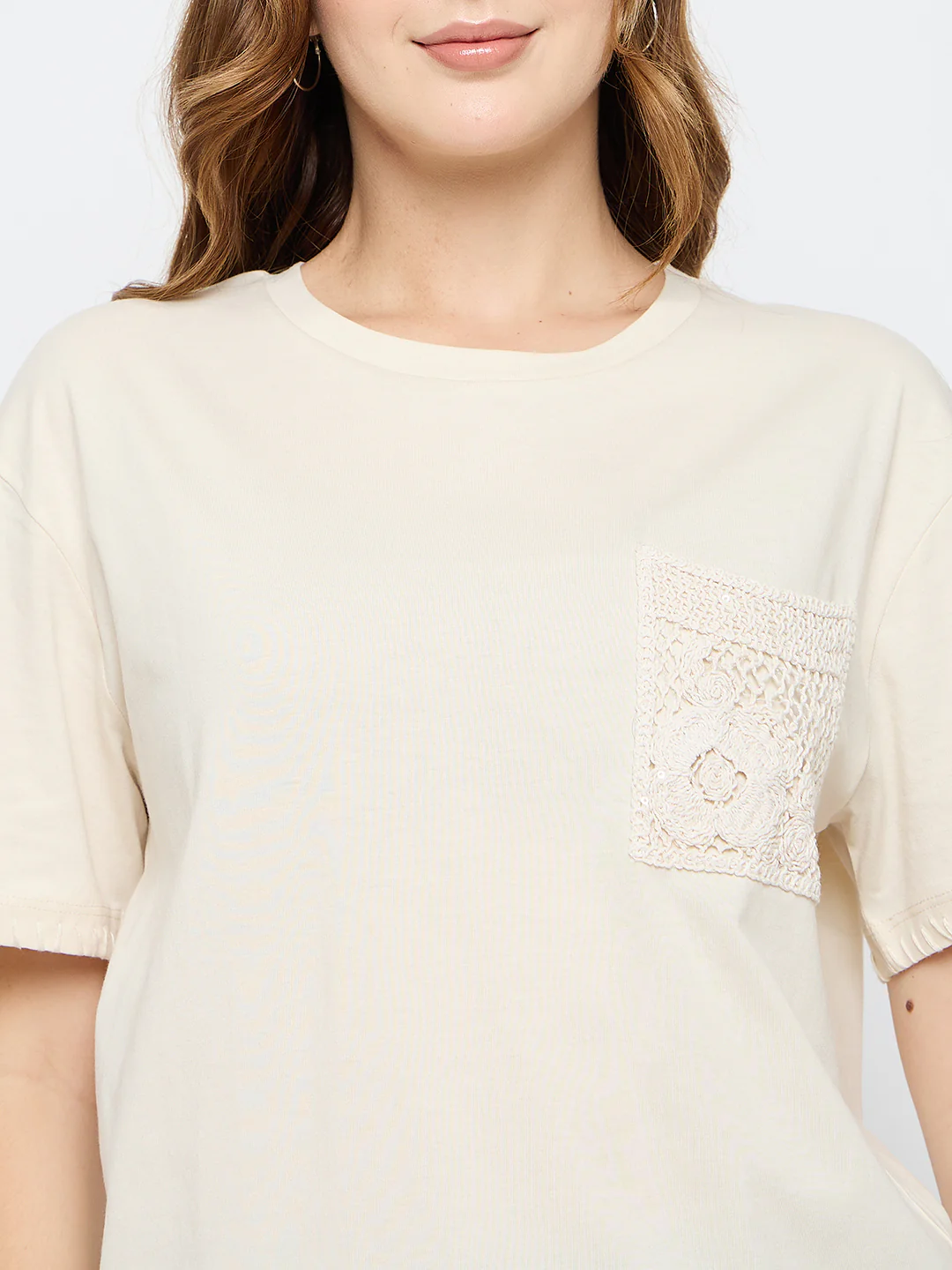 Madame Embroidered Patch Pocket Beige Cotton T-shirt - Image 7