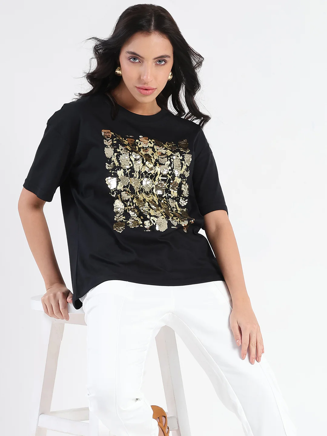 Madame Front Embellished Solid Black Cotton T-shirt